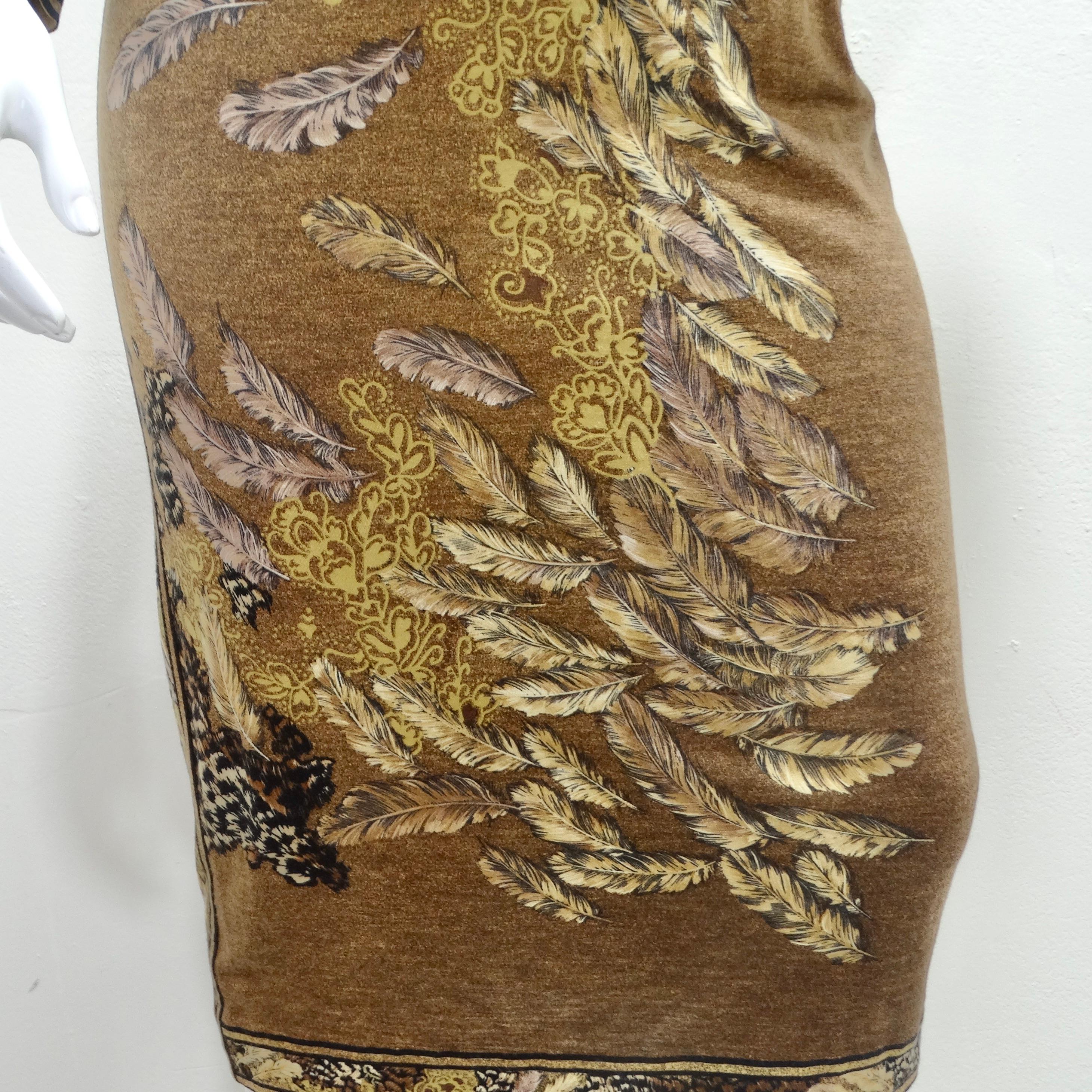 Le Nard, robe à manches longues ceinturée imprimée de plumes, années 1980 Excellent état - En vente à Scottsdale, AZ