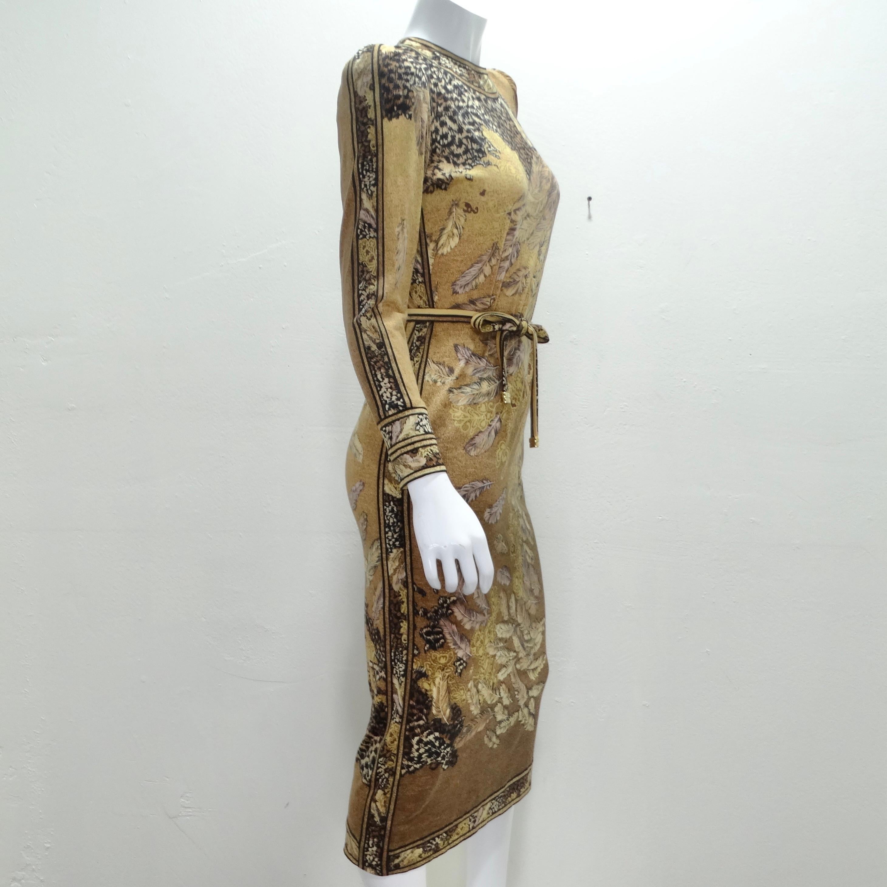 Le Nard, robe à manches longues ceinturée imprimée de plumes, années 1980 en vente 1