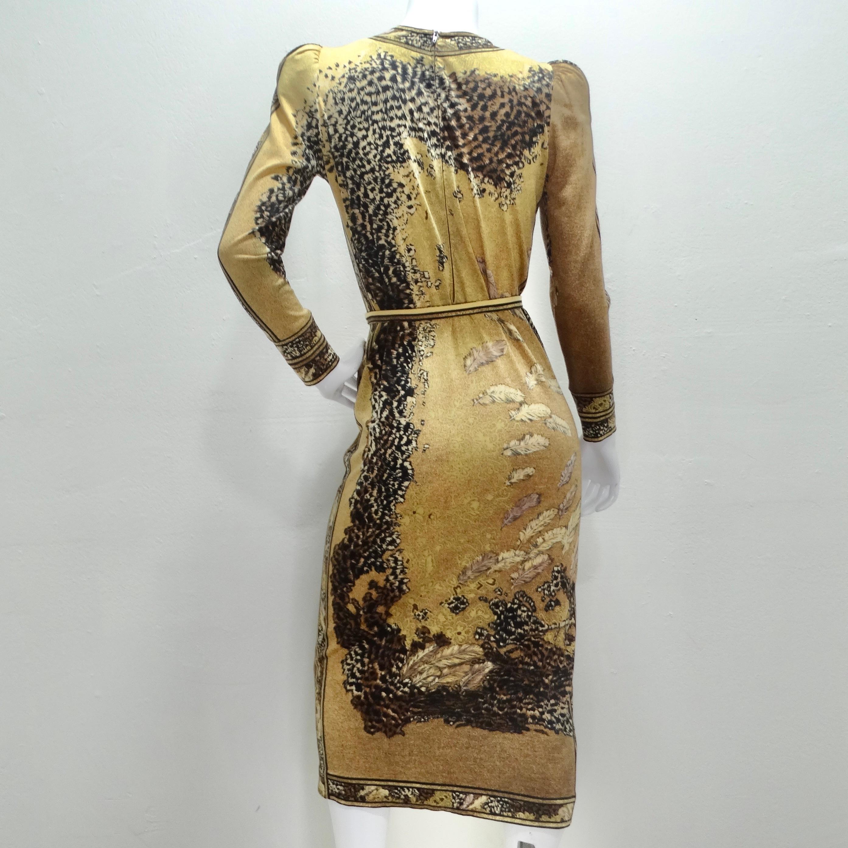 Le Nard, robe à manches longues ceinturée imprimée de plumes, années 1980 en vente 2