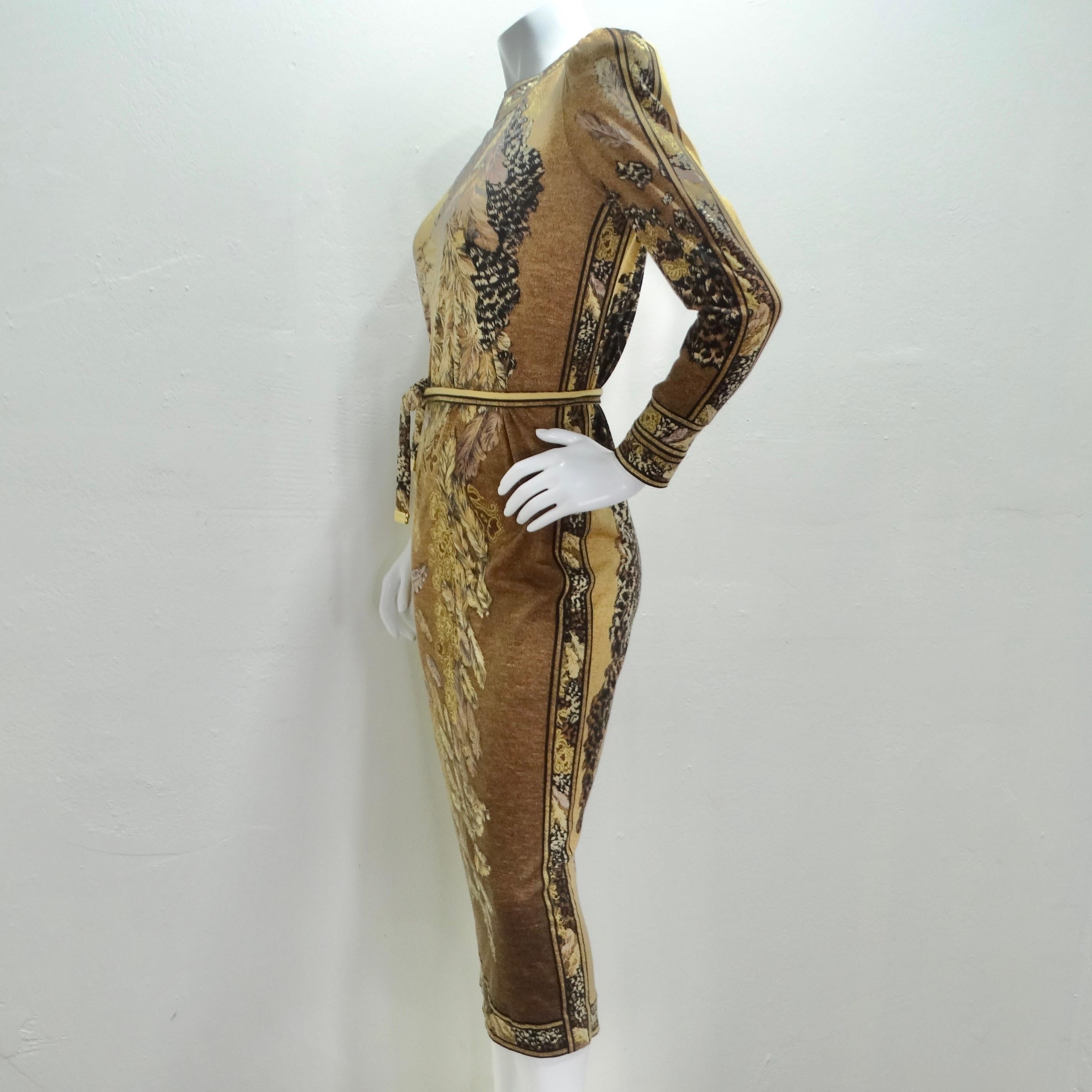 Le Nard 1980s Belted Long Sleeve Feather Print Dress For Sale 4