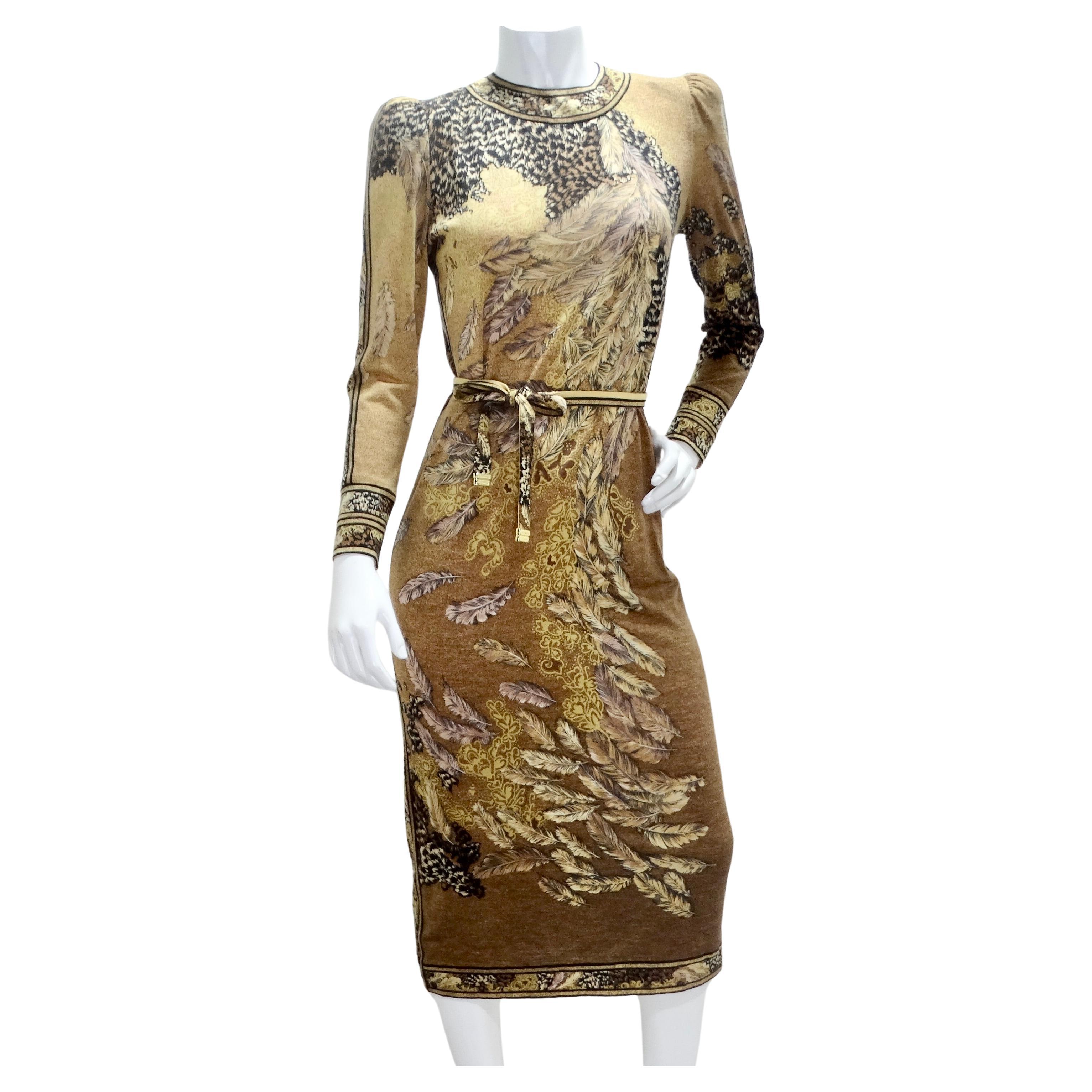 Le Nard, robe à manches longues ceinturée imprimée de plumes, années 1980 en vente