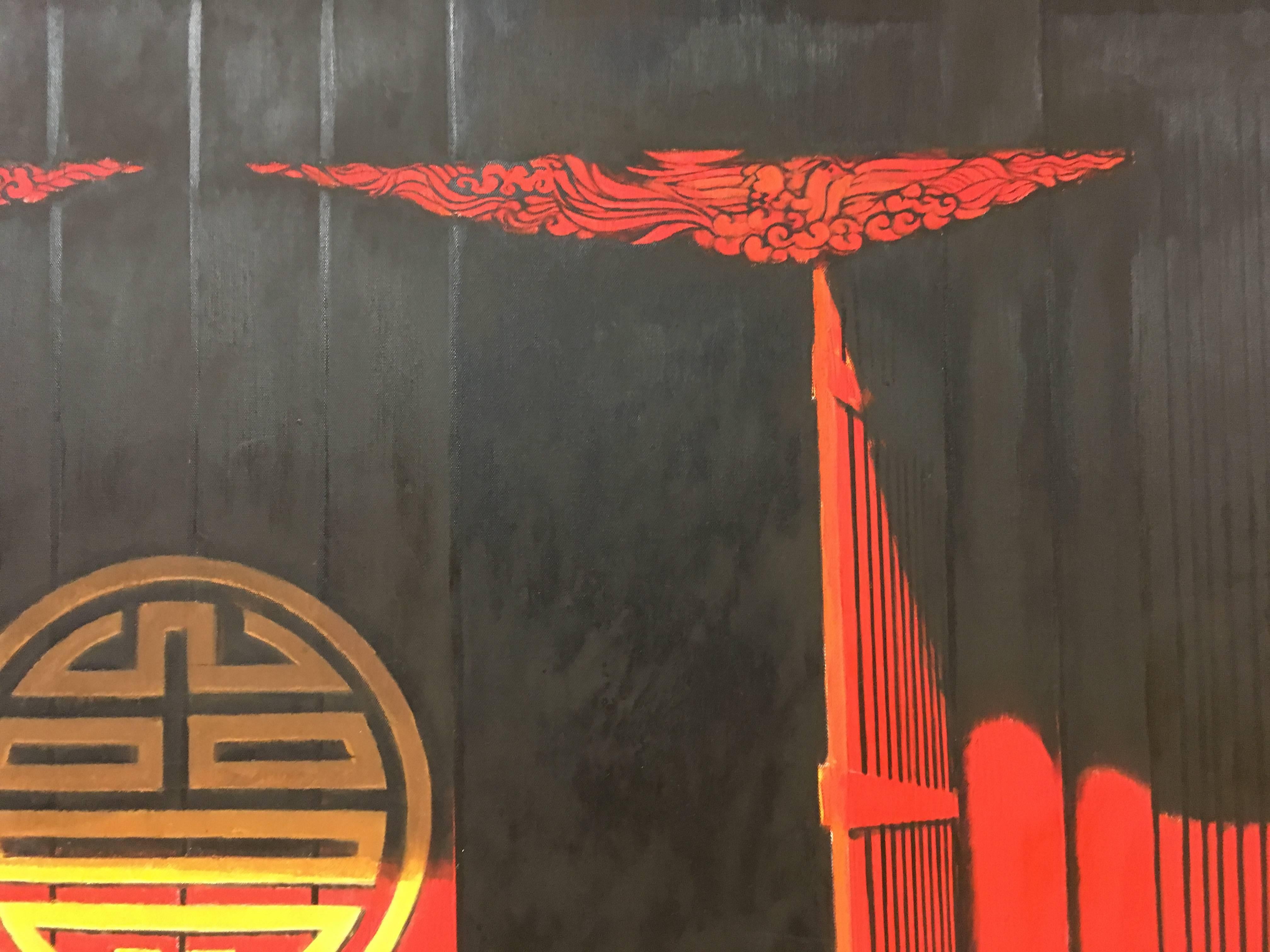 « Enter Pagoda », huile sur toile contemporaine vietnamienne - Contemporain Painting par Le Nhu Ha