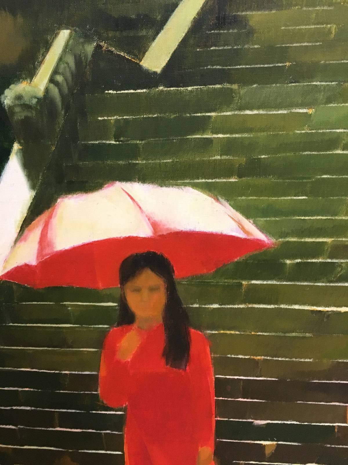 ‘Red Umbrella’ is a large figurative oil on canvas exterior painting created by Vietnamese artist Le Nhu Ha in 2012. The painting depicts the exterior façade of a Vietnamese building's front steps. A woman with a red umbrella walks down in the