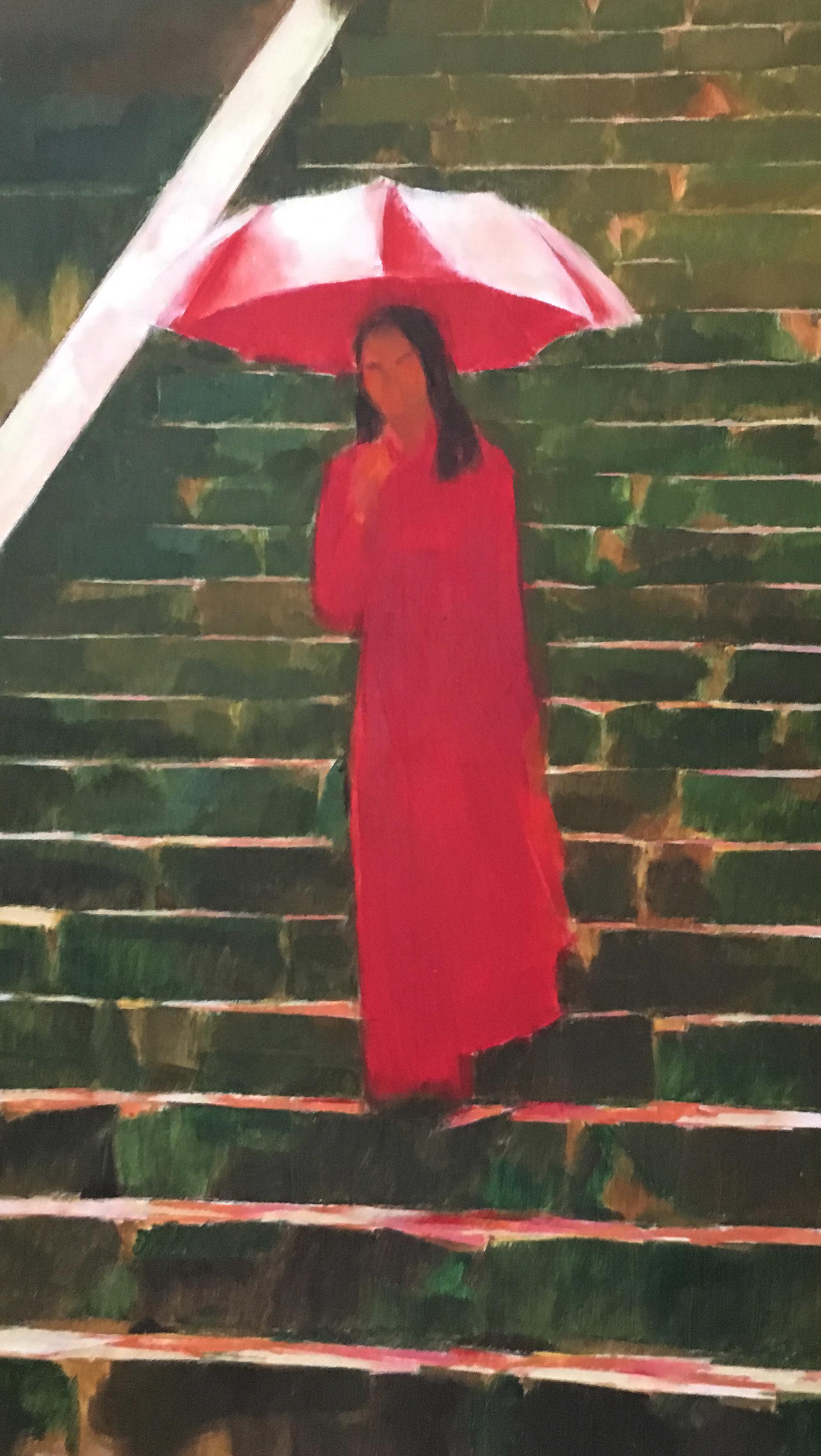 'Red Umbrella' Contemporary Vietnamese Oil Painting For Sale 2