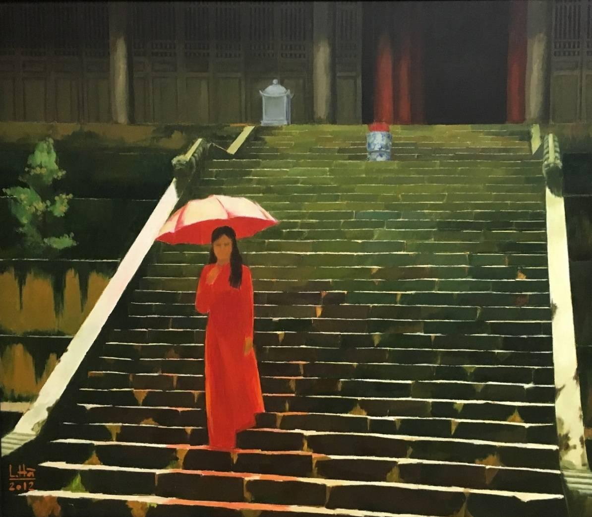 Le Nhu Ha Figurative Painting - 'Red Umbrella' Contemporary Vietnamese Oil Painting