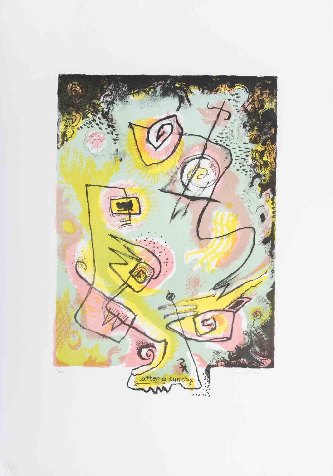 After a sunday is a contemporary artwork realized by Le Oben in 1970s.

Mixed colored lithograph.

Hand signed on the lower margin.

Numbered on the lower margin.

Edition of 19/100