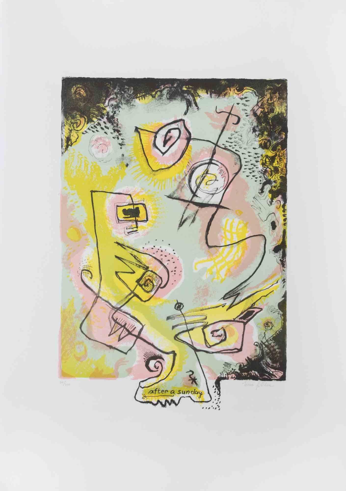 After a sunday est une œuvre d'art contemporain réalisée par Le Pond dans les années 1970.

Lithographie en couleurs mélangées.

Signé à la main dans la marge inférieure.

Numéroté dans la marge inférieure.

Edition de 20/100