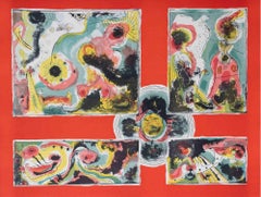  Abstrait rouge - Lithographie de Le Oben - 1970