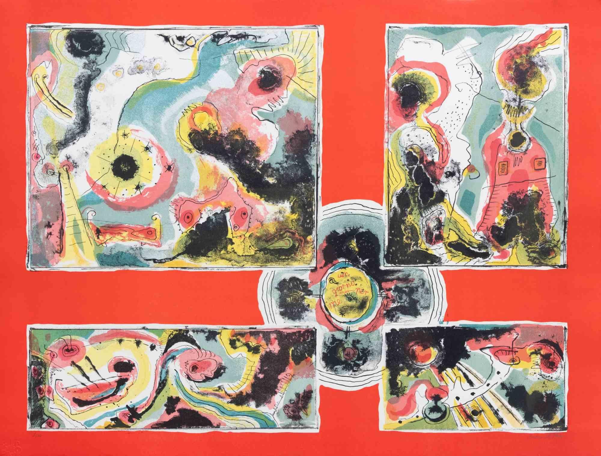 Red Abstract ist ein zeitgenössisches Kunstwerk von Le Oben aus den 1970er Jahren.

Gemischtfarbige Lithographie.

Handsigniert am unteren Rand.

Am unteren Rand nummeriert.

Auflage von 84/100. 