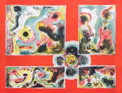 Abstrait rouge - Lithographie de Le Oben - 1970