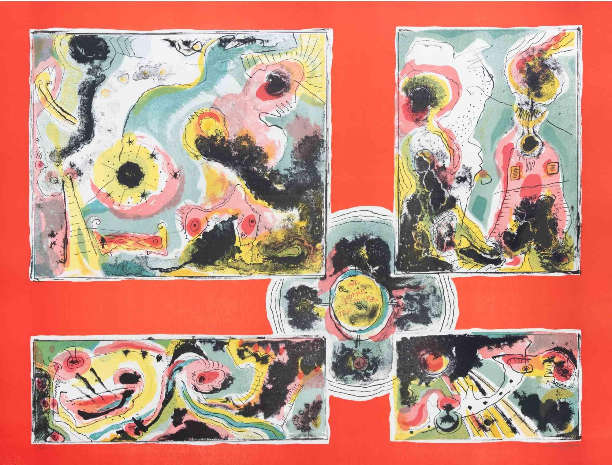 Red Abstract ist ein zeitgenössisches Kunstwerk von Le Pond aus den 1970er Jahren.

Gemischtfarbige Lithographie.

Handsigniert am unteren Rand.

Am unteren Rand nummeriert.

Auflage von 26/100