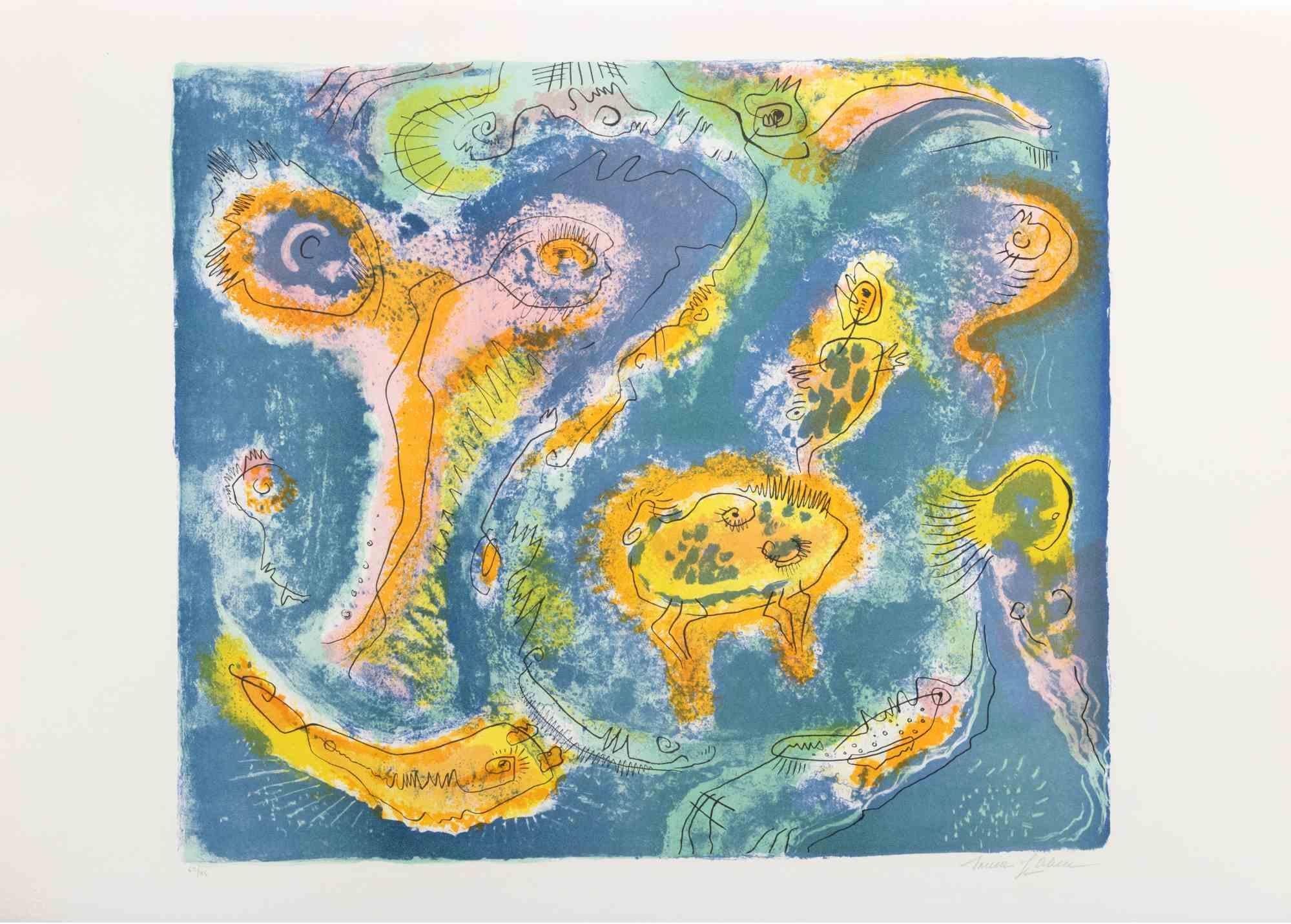 The Pond ist ein zeitgenössisches Kunstwerk von Le Pond aus den 1970er Jahren.

Gemischtfarbige Lithographie.

Handsigniert am unteren Rand.

Am unteren Rand nummeriert.

Auflage von 62/95.