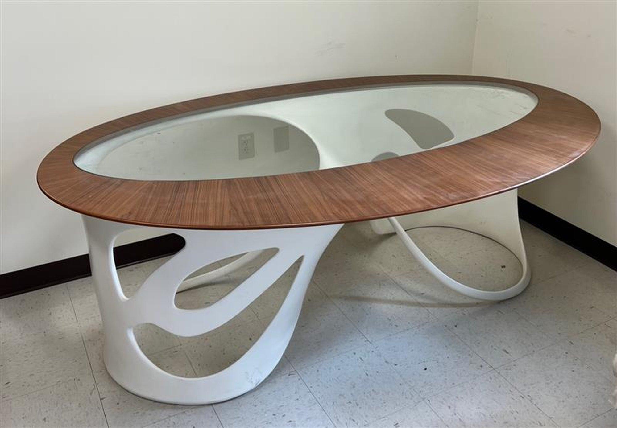 An Extraordinary and Rare Desk by Le Opere ei Giorni Italy 2012
The walnut top is signed and labeled on the underside.
Only One Ever Made
Architectural base of sculpted fiberglass over metal, Completely hand made by the Artist.

Designed By: Le