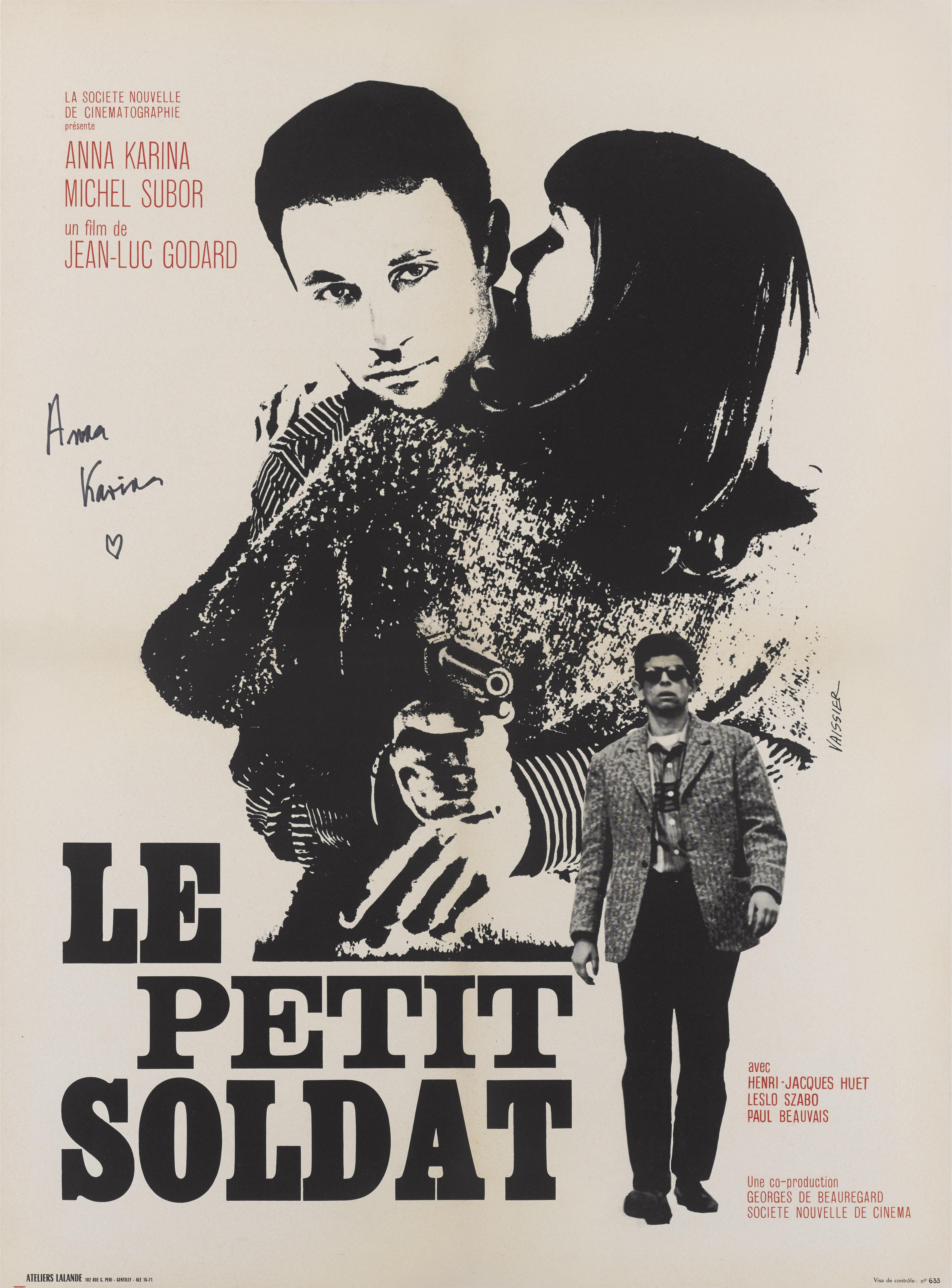 Original French film poster for Le Petit Soldat the 1963 French New Wave film that was written and directed by Jean-Luc Godard, and stars Anna Karina, Michel Subor and Henri-Jacques Huet. The film is set during the Algerian War, and tells the story