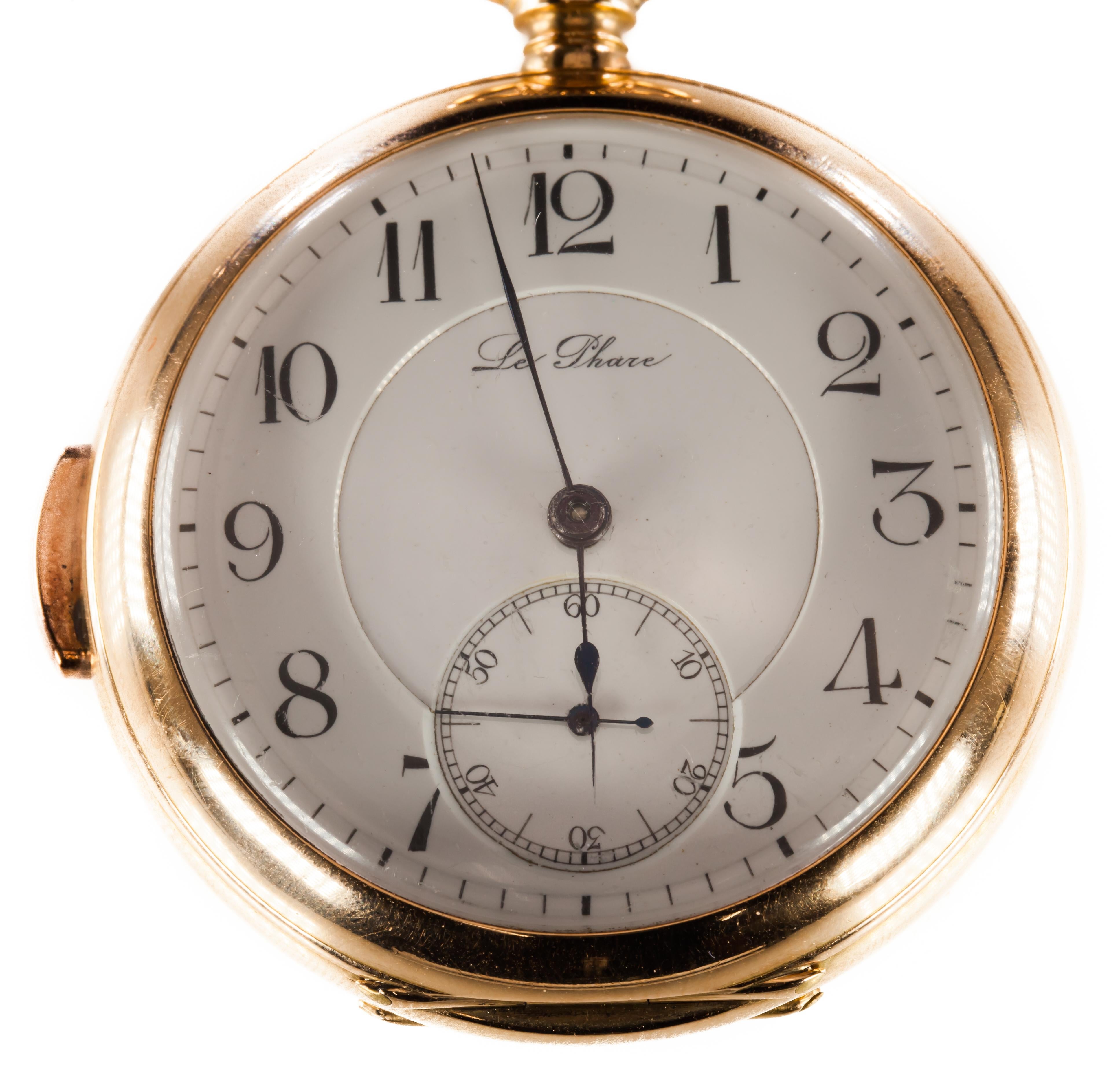 Gorgeous Vintage Open-Face Pocket Watch by Le Phare
Features Minute Repeater Gong
Open Face Design, Dedicated Second Dial
18k Yellow Gold Case w/ Ornate Inner Cover, Machine-Turned (Guilloche) Outer Cover
Movement is 43 mm in Diameter (Size