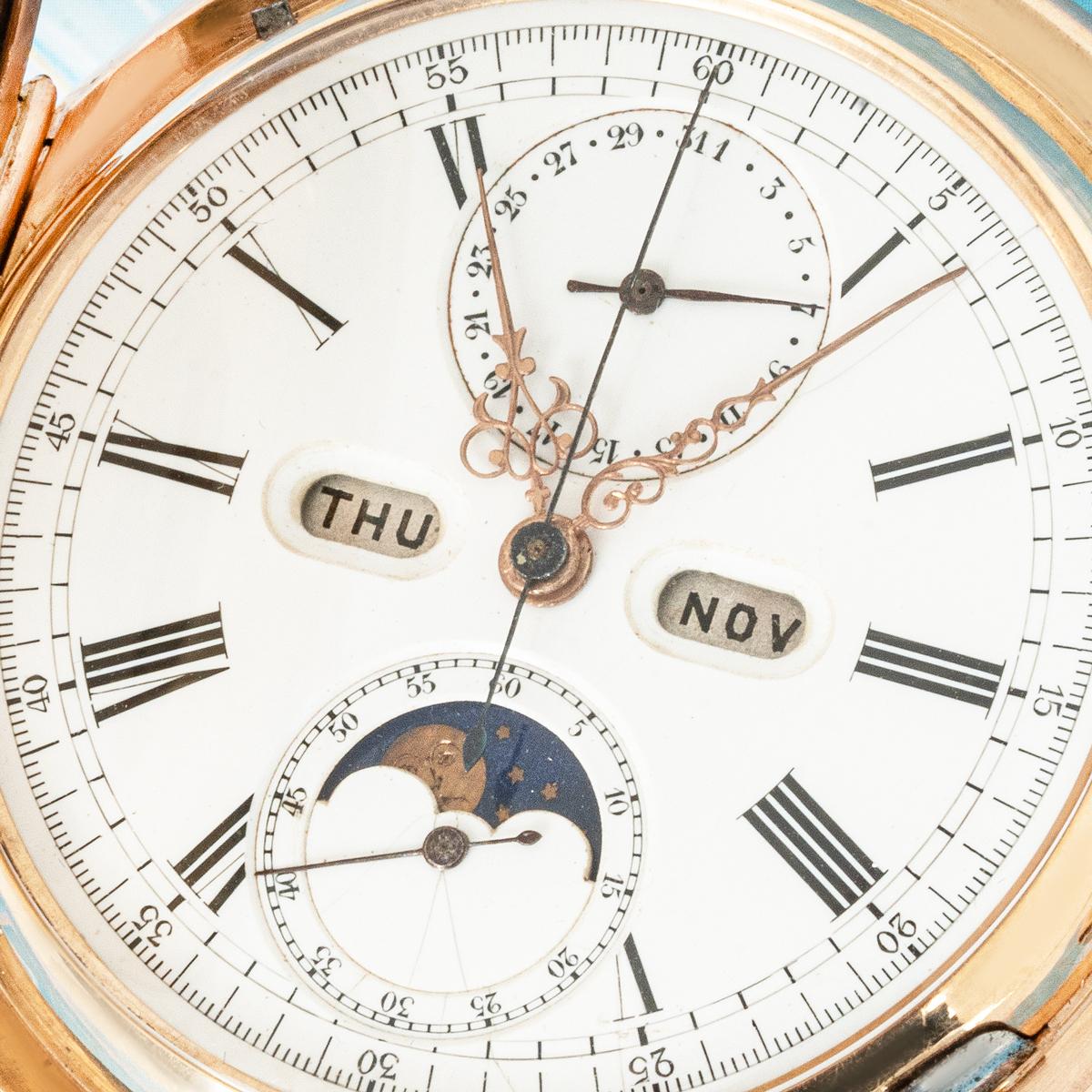 Le Phare A Rose Gold Full Hunter Calendar Minute Repeater Chronograph C1890 In Good Condition For Sale In London, GB