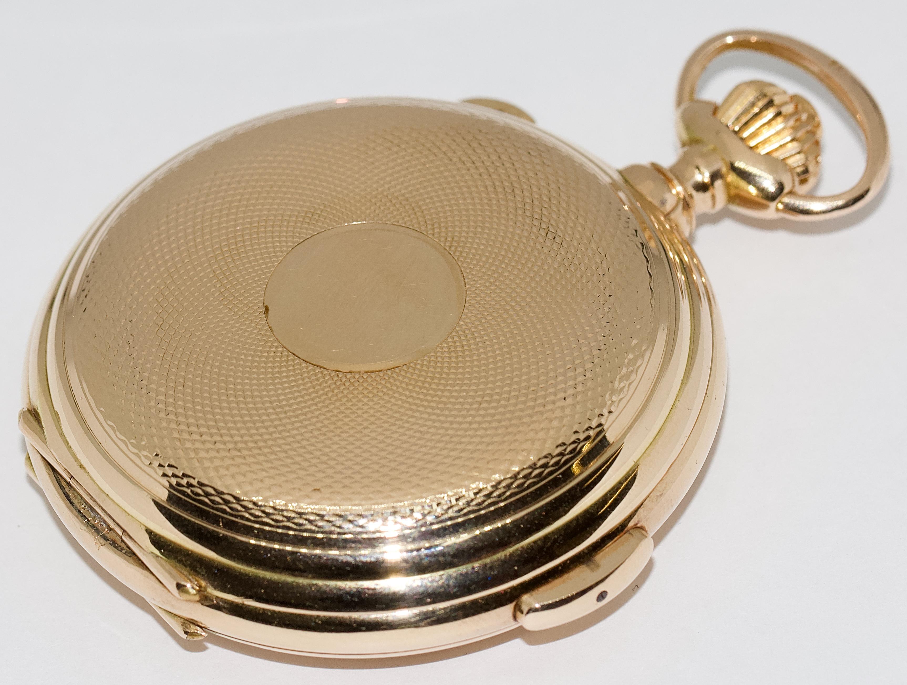 Le Phare, Complicated, heavy pocket watch, hunter watch with chronograph, quarter-hour repeater, triple calendar and moon phase.

14 Karat Gold.
Excellent, original condition.
Fully functional.
Important collector's watch.

Diameter without