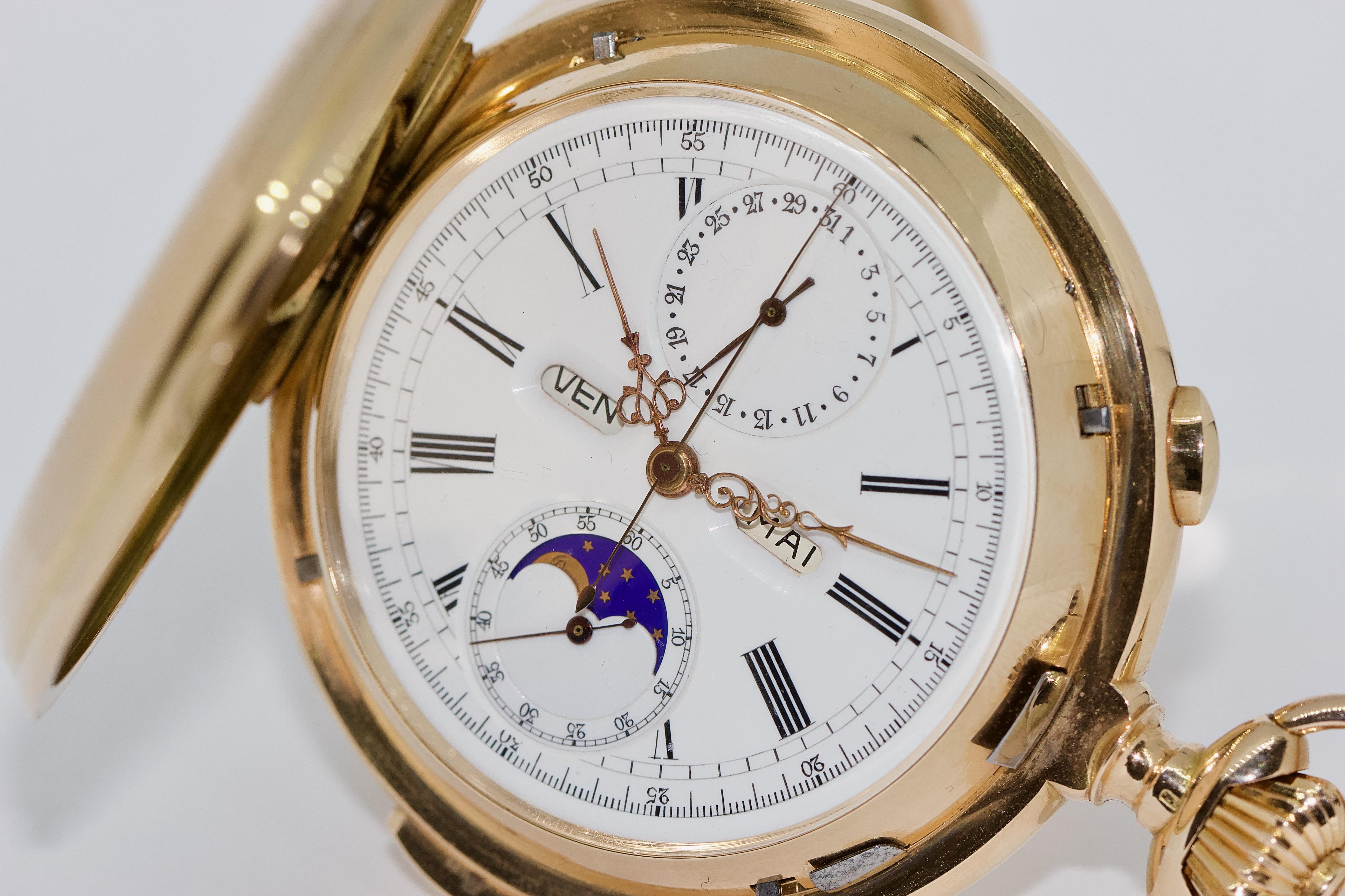 Le Phare, Gold Pocket Hunter Watch, Chronograph, Repeater, Calendar, Moon Phase In Good Condition In Berlin, DE
