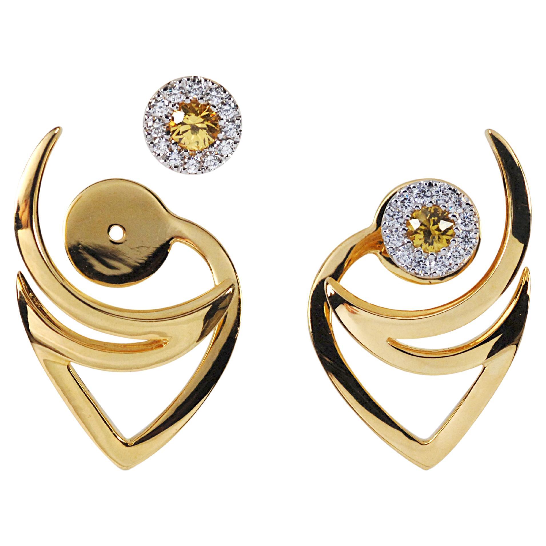 Le Phoenix over the Moon Yellow Sapphire and Diamond Earrings 18k Gold For Sale