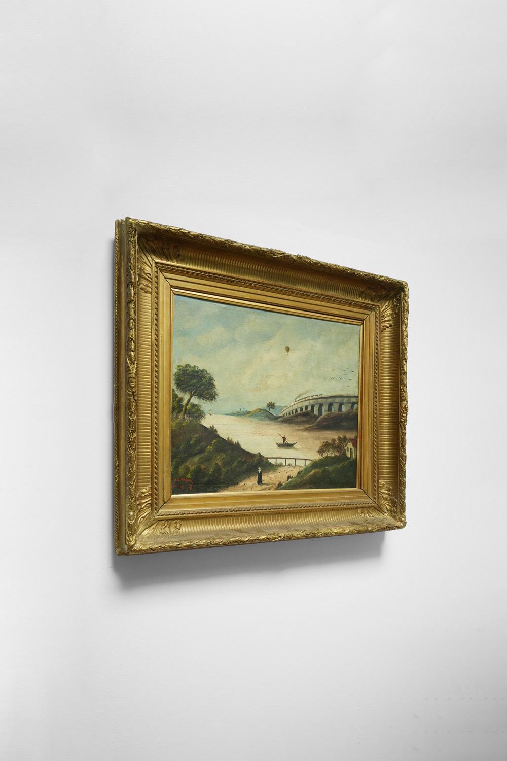 Peinture à l'huile sur toile, signée M.L.A. Daguerry, située à Paris et datée de 1888 dans l'angle inférieur gauche. Cadre en bois et stuc doré. France, 1888. 