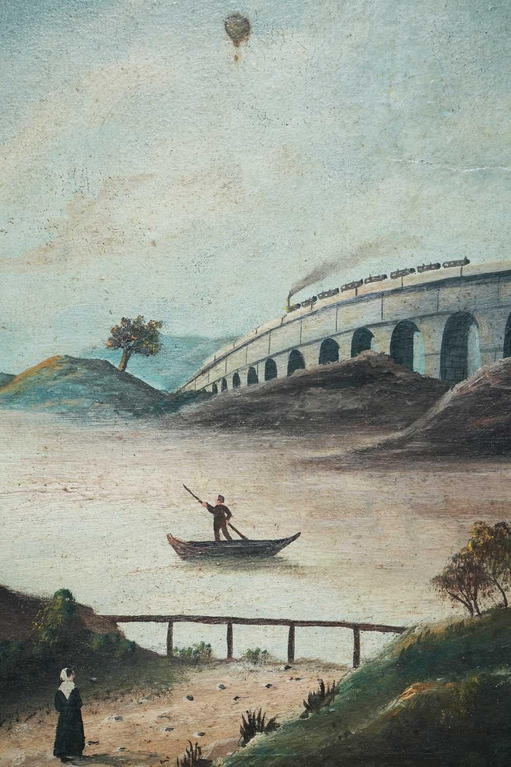 Français Peinture « Le pont de chemin de fer », M. L. Daguerry 1888.  en vente