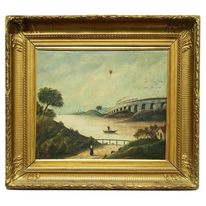 "Le pont de chemin de fer"painting, M. L. Daguerry 1888.  For Sale