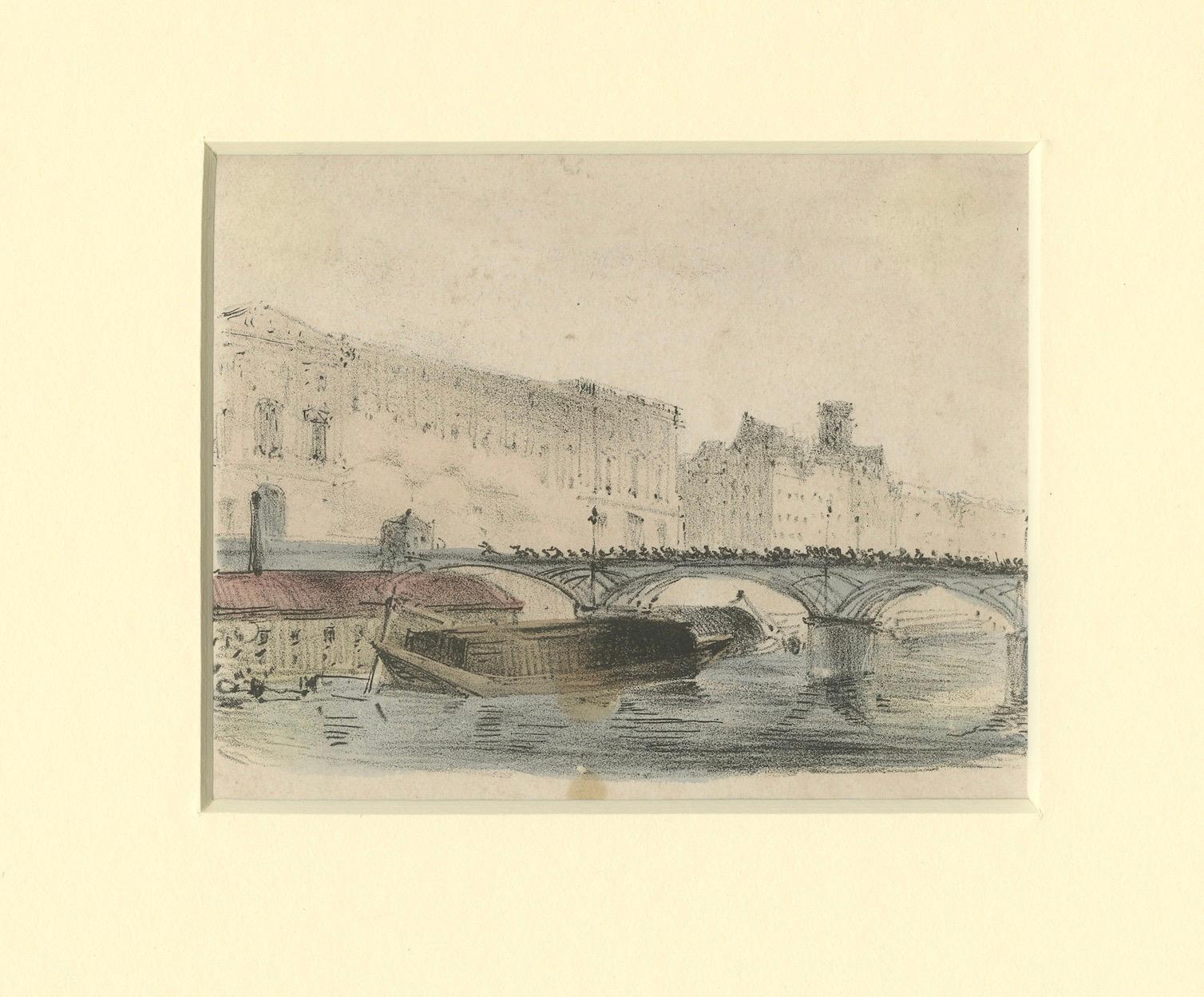 Le Pont des Arts - Eine handkolorierte Ansicht von Paris und der Seine aus dem 19. im Zustand „Gut“ im Angebot in Langweer, NL