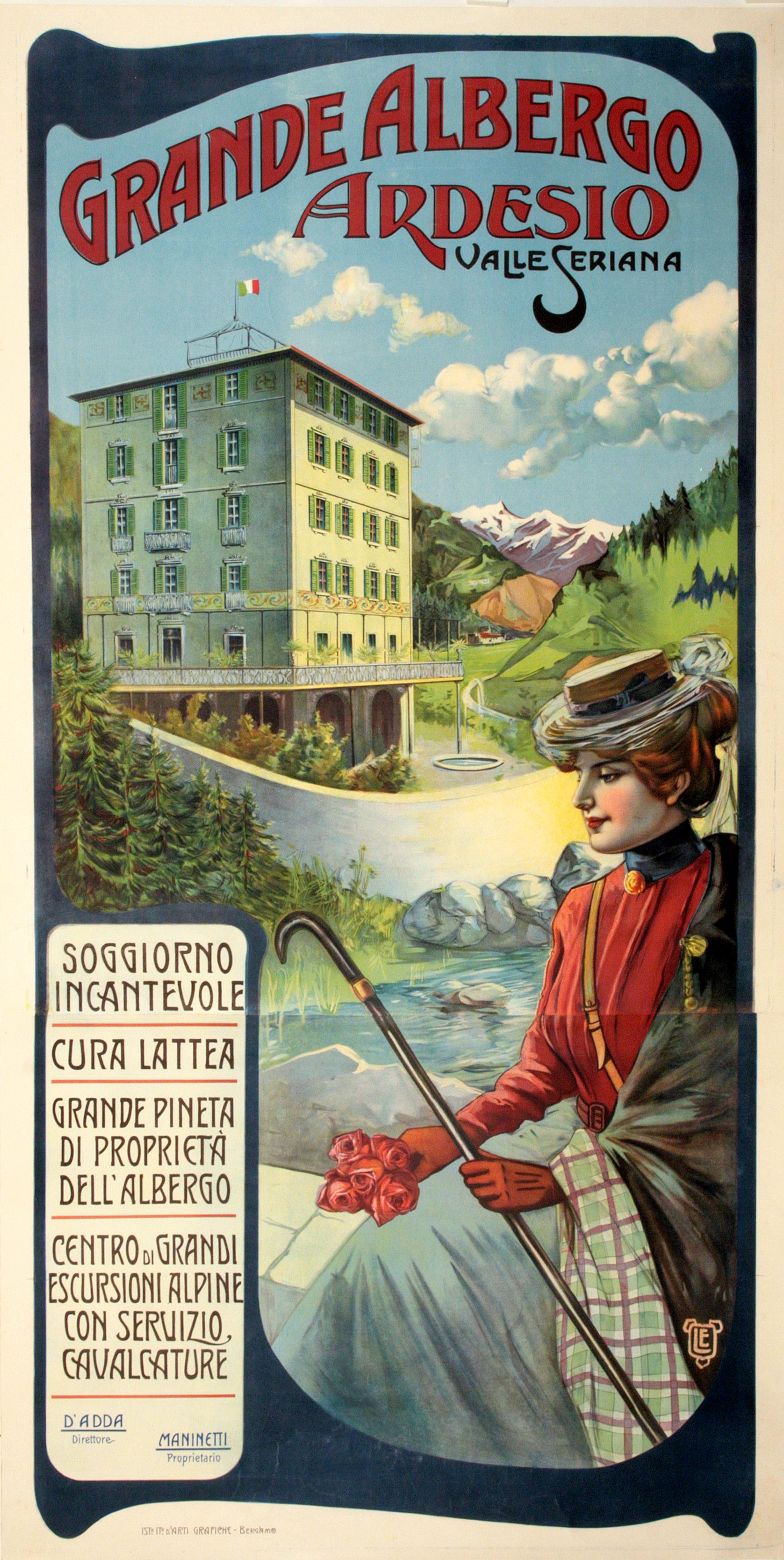 Affiche de voyage italienne originale circa 1900 - Grande Albergo Ardesio