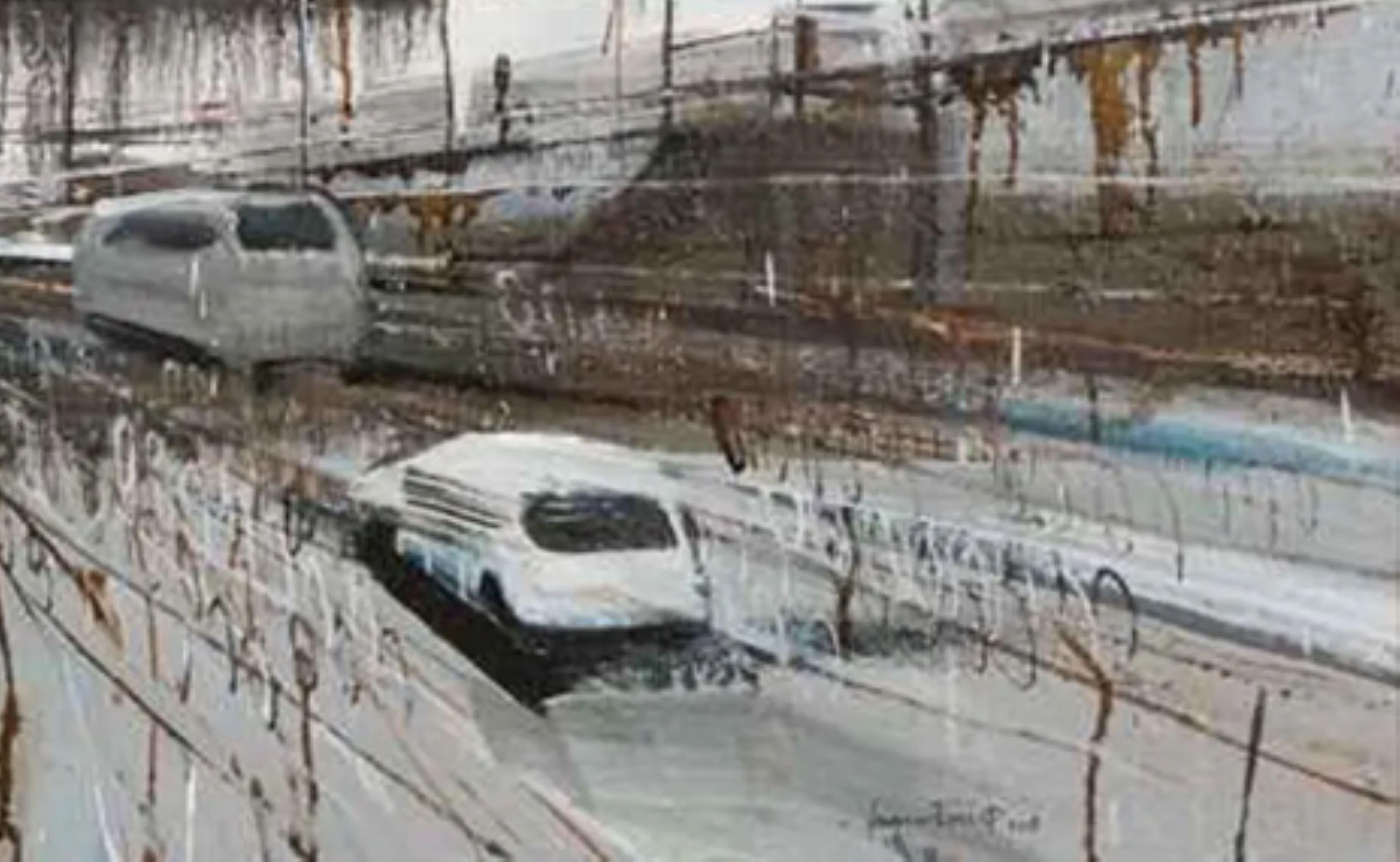 Puente Long Bien 6 - Landscape Painting Gris de Le Quy Tong
