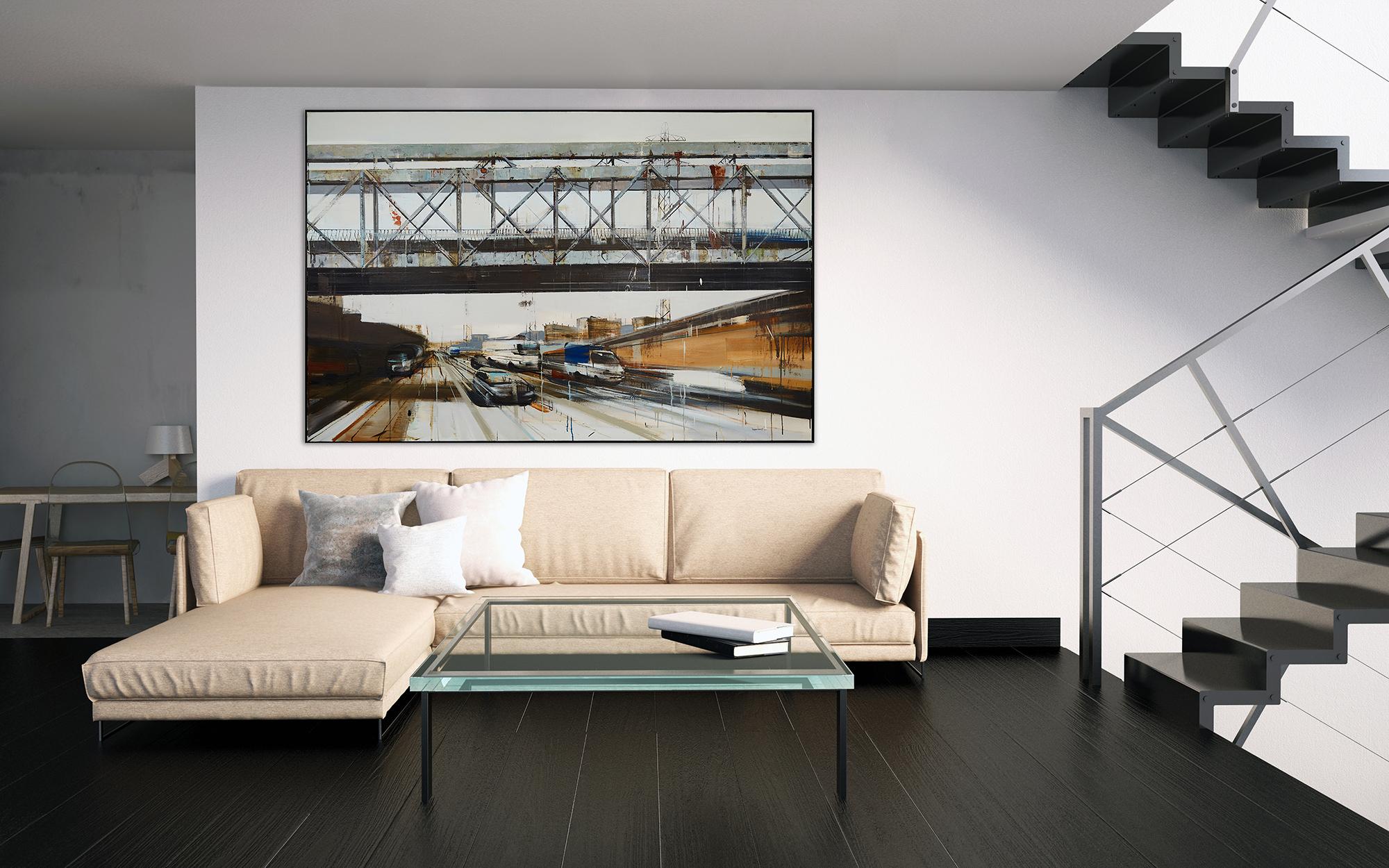 'Speed Under the Bridge' Contemporary Painting of Urban Scene - Gray Landscape Painting by Le Quy Tong