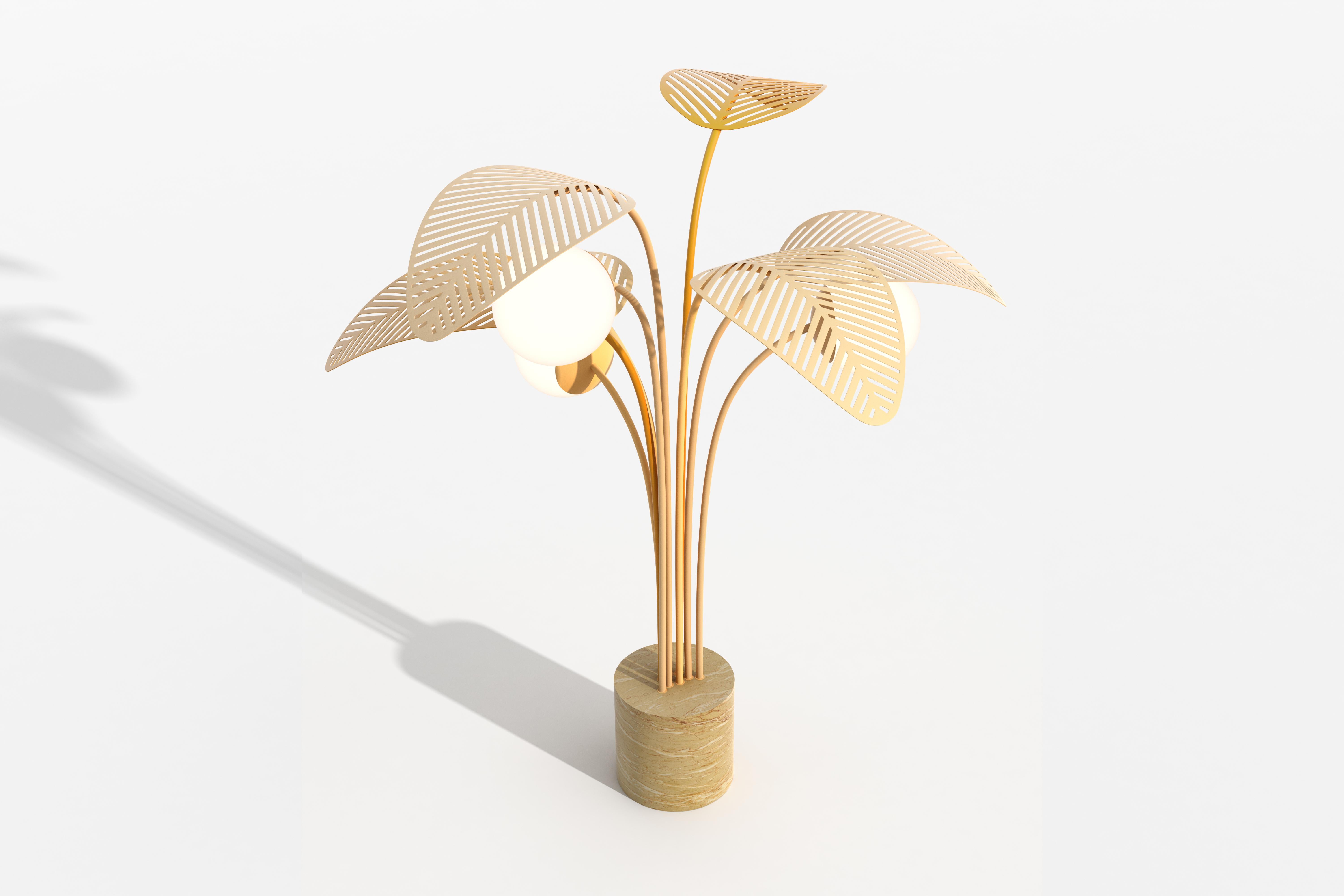 Floor lamp with Giallo Egitto gold marble base, sheltered by six giant palm leaves, die-cut in metal and powder coated in satin yellow.

Designed by Parisian-Italian artist Marc Ange, who’s creations are always balanced between real and unreal,