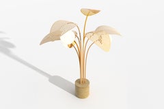 Le Refuge Floor Lamp by Marc Ange with Gold Marble Base and Yellow Metal Leaves