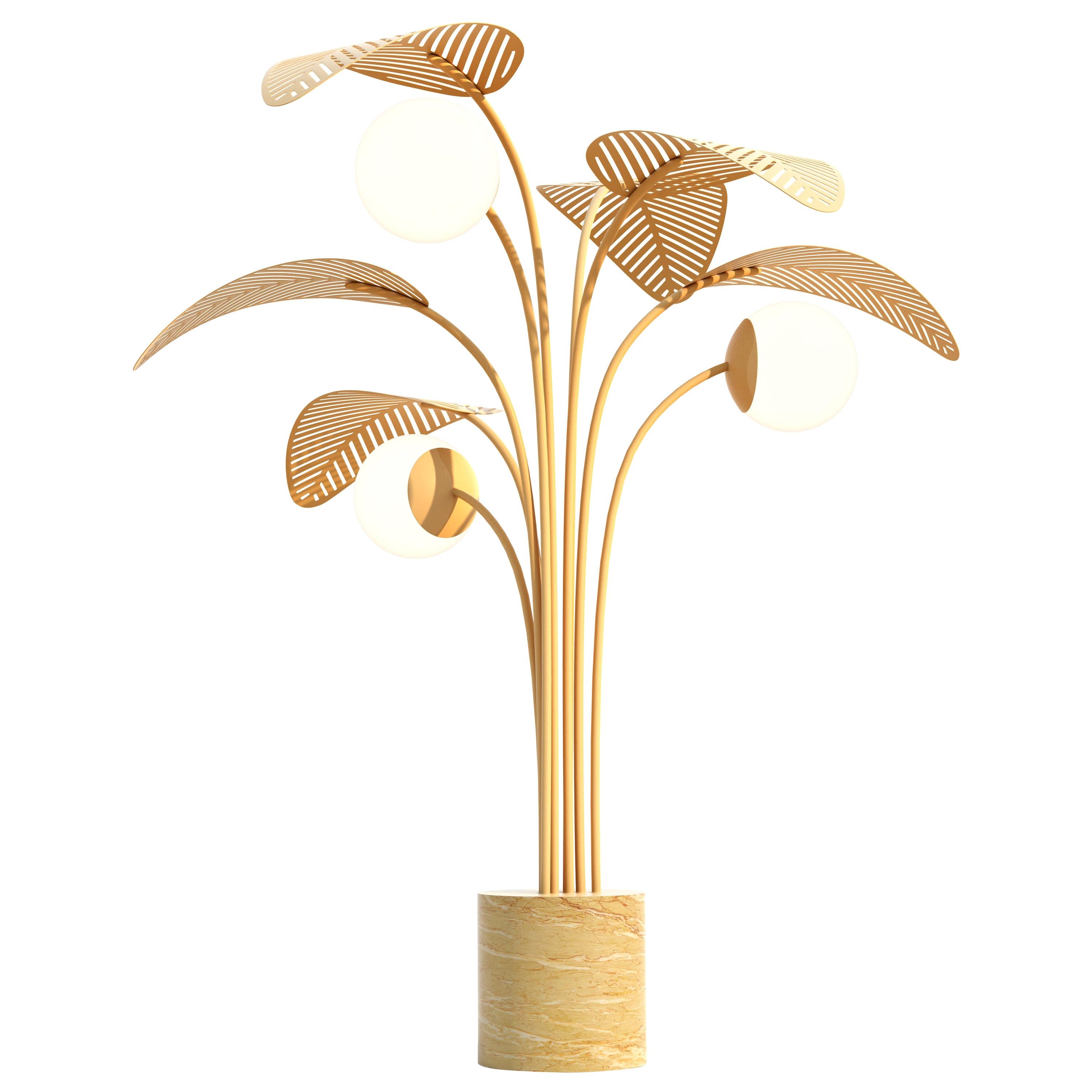 Le Refuge Floor Lamp by Marc Ange with Gold Marble Base and Yellow Metal Leaves For Sale