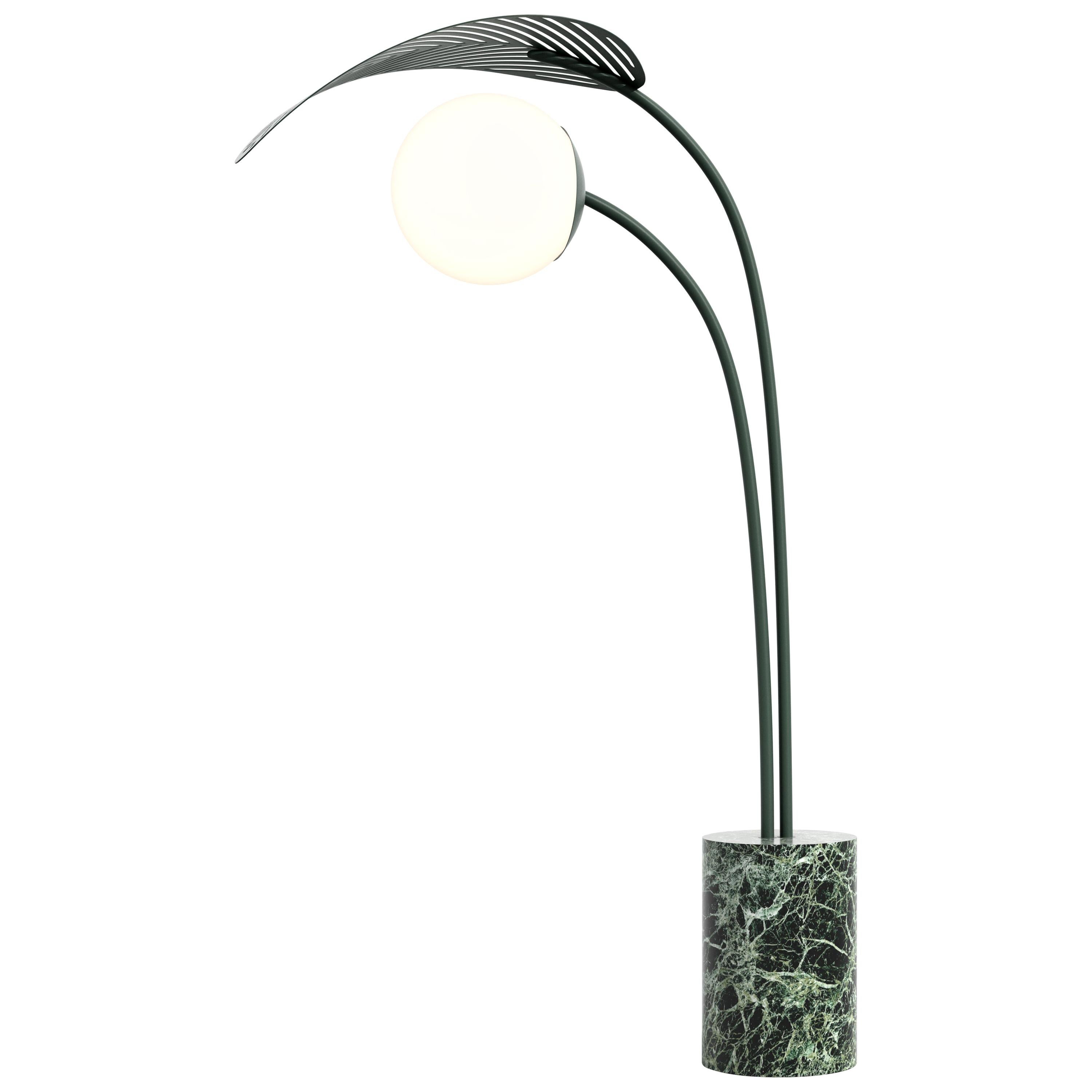 Le Refuge Floor Lamp by Marc Ange with Green Marble Base and Green Metal Leaf For Sale