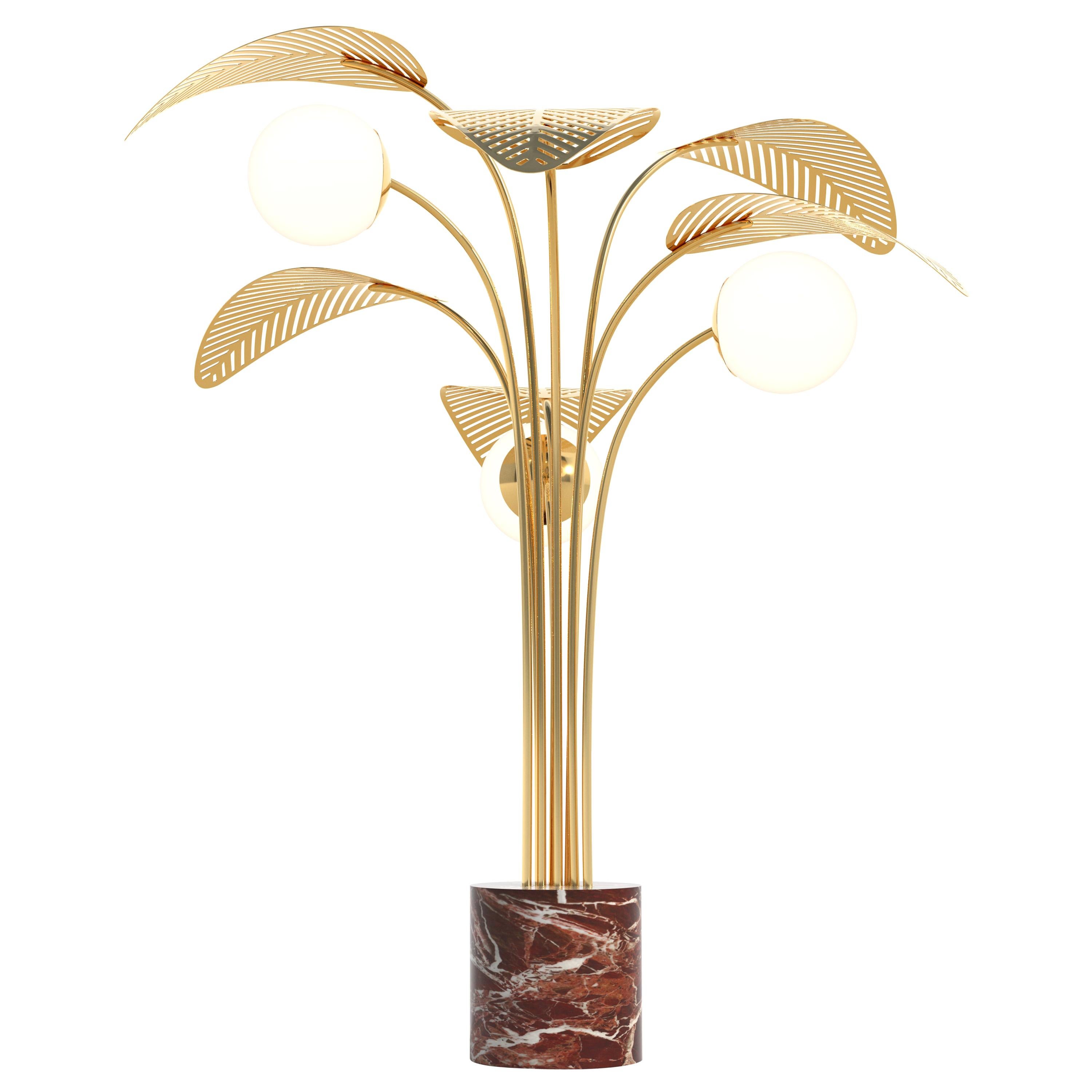 Le Refuge Floor Lamp by Marc Ange with Red Marble Base and 6 Gold Metal Leaves For Sale