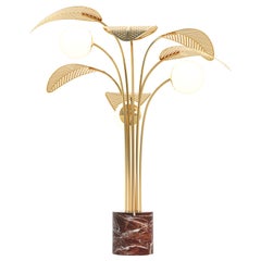 Le Refuge Floor Lamp by Marc Ange with Red Marble Base and 6 Gold Metal Leaves