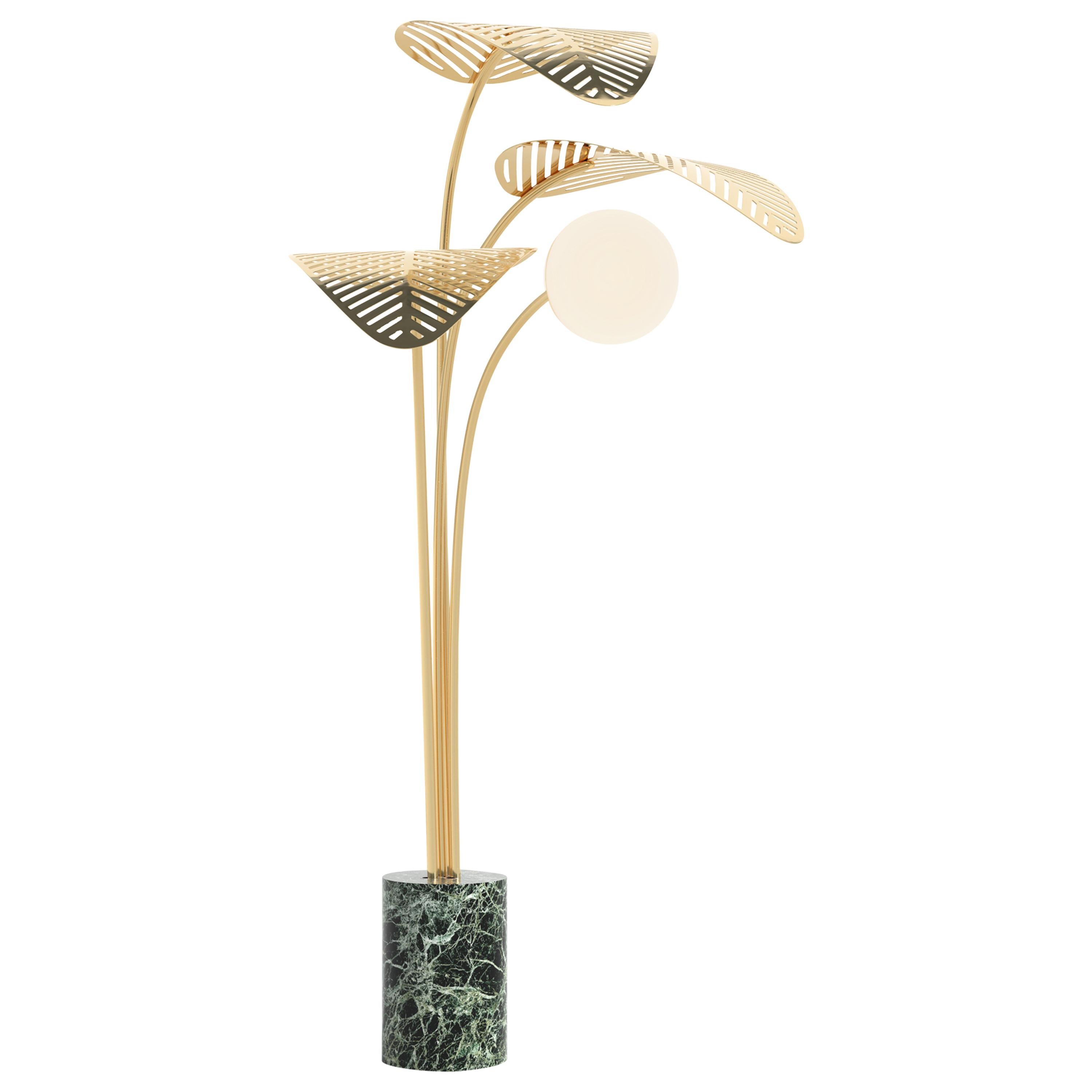 Le Refuge Floor Lamp by Marc Ange with Verde Alpi Marble Base and 3 Gold Leaves For Sale