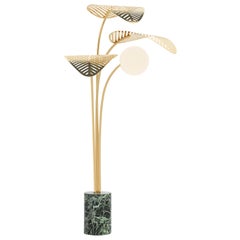 Le Refuge Floor Lamp by Marc Ange with Verde Alpi Marble Base and 3 Gold Leaves