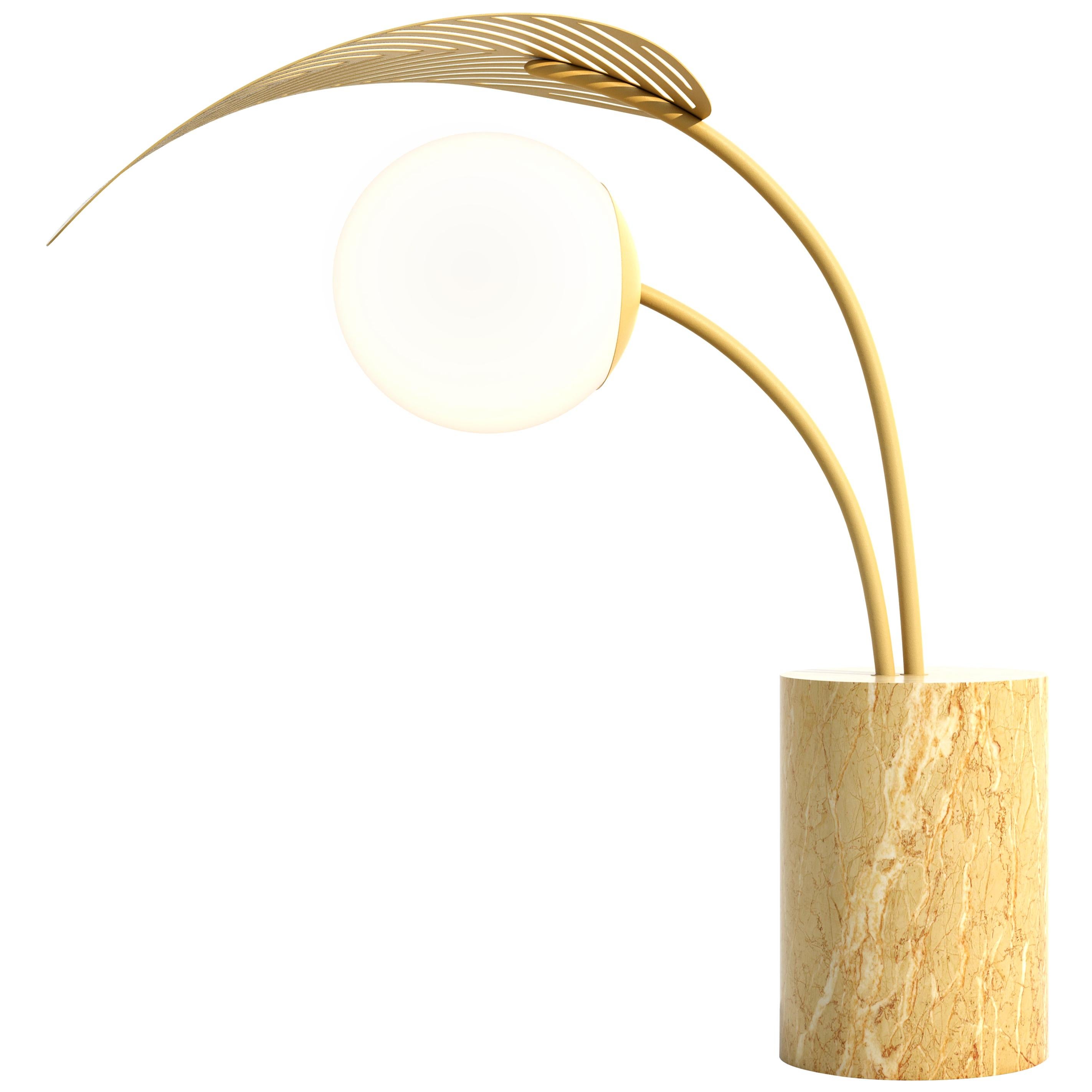 Le Refuge Table Lamp by Marc Ange with Gold Marble Base and Yellow Metal Leaf For Sale