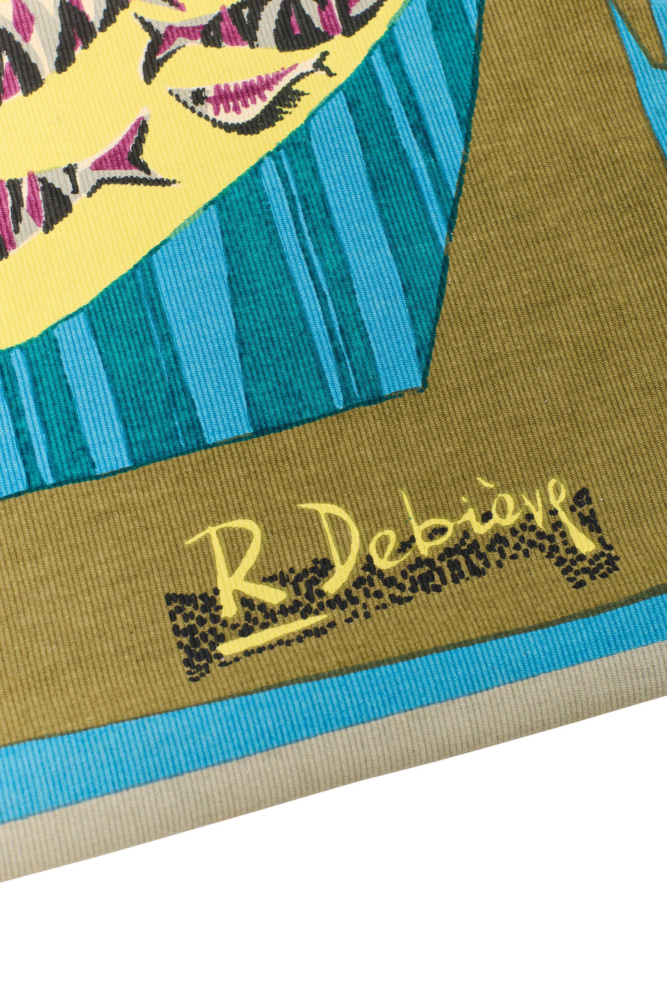 Le Remailleur de Filet (Der Netzflicker) ist ein beeindruckender Wandteppich des bekannten französischen Künstlers Robert Debiève aus der Mitte des Jahrhunderts. Dieses in den 1950er Jahren entstandene farbenfrohe Textil zeigt das tägliche Leben