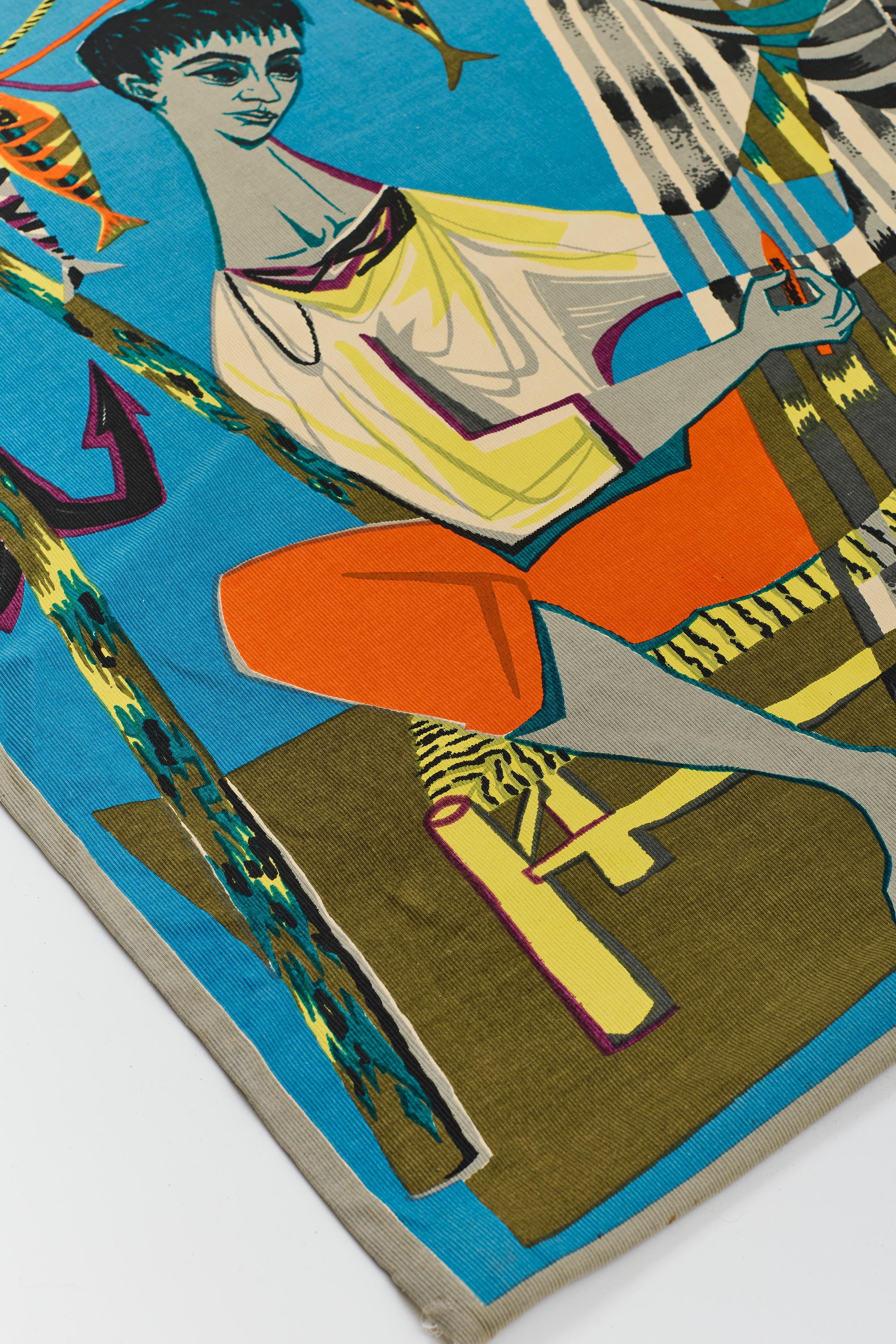 Le Remailleur de Filet - Wandteppich aus der Jahrhundertmitte von Robert Debiève, Frankreich, 1950er Jahre (Französisch) im Angebot