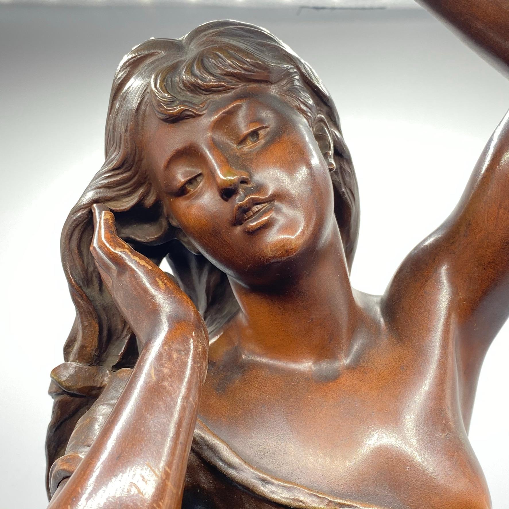 French Le Reveil Figurative Bronze Sculpture After Hippolyte Francois Moreau