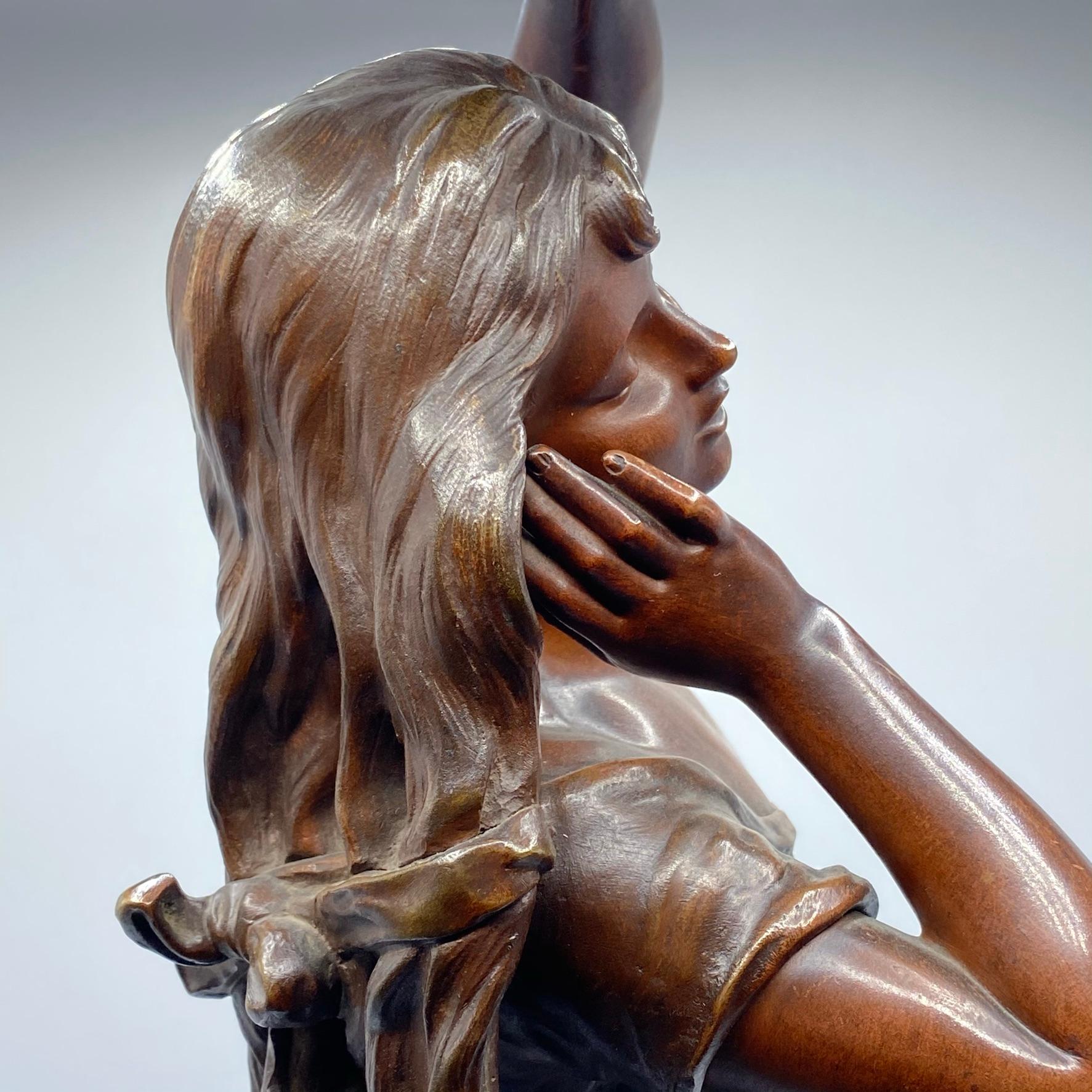 Patinated Le Reveil Figurative Bronze Sculpture After Hippolyte Francois Moreau