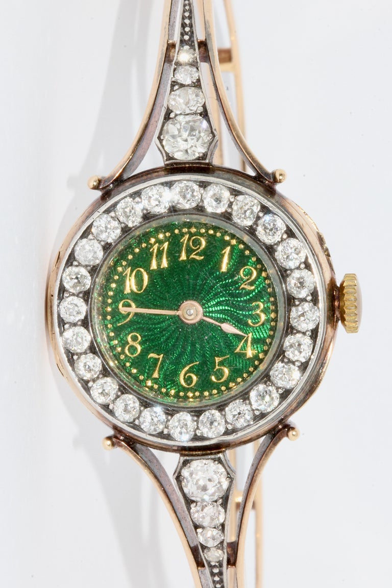 Round Cut Le Roy et Fils, Antique Gold Ladies Wristwatch with Diamonds and Enamel, Bangle For Sale