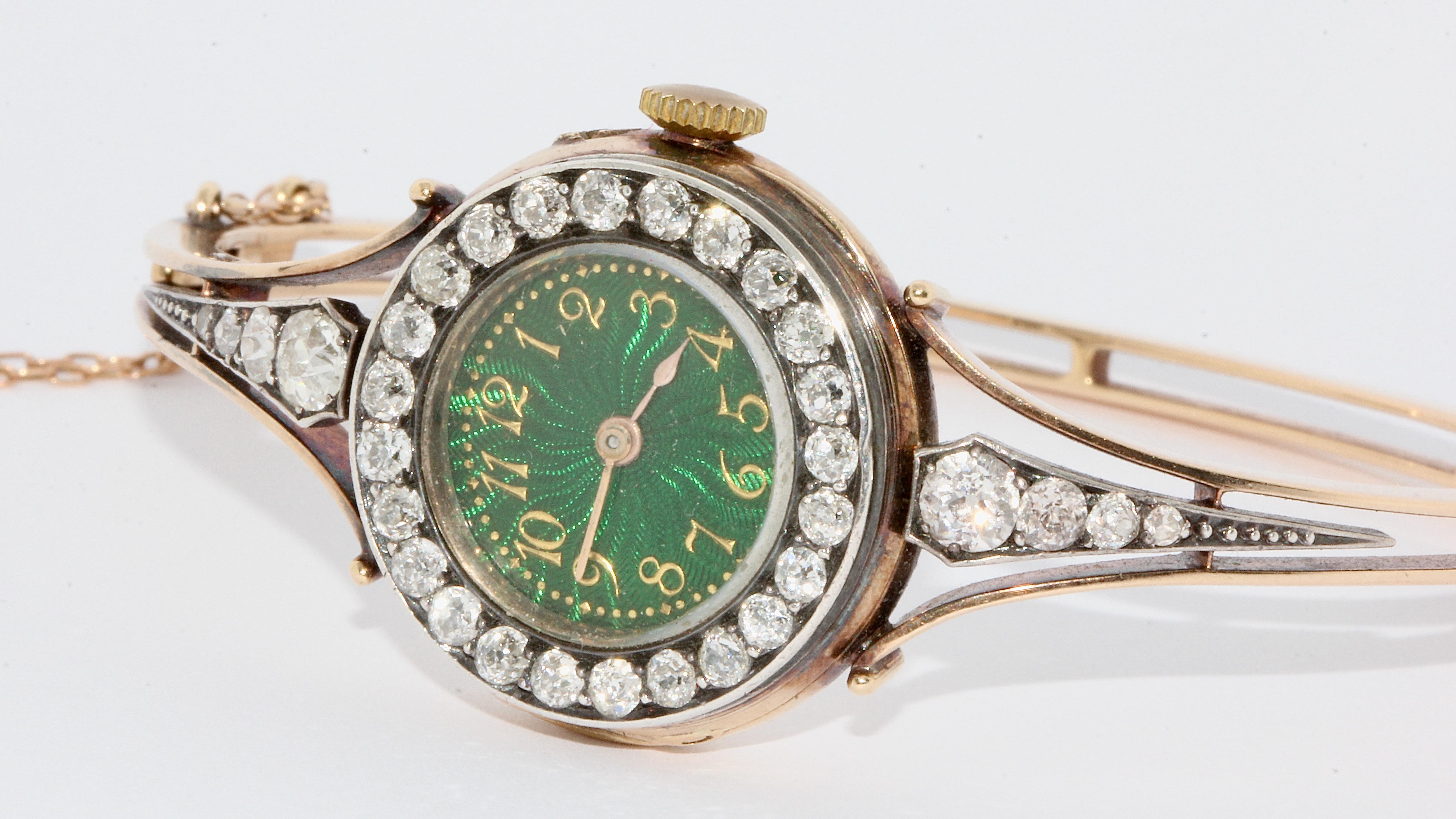 Le Roy et Fils, antike Gold-Damenarmbanduhr mit Diamanten und Emaille, Armreif (Rundschliff) im Angebot