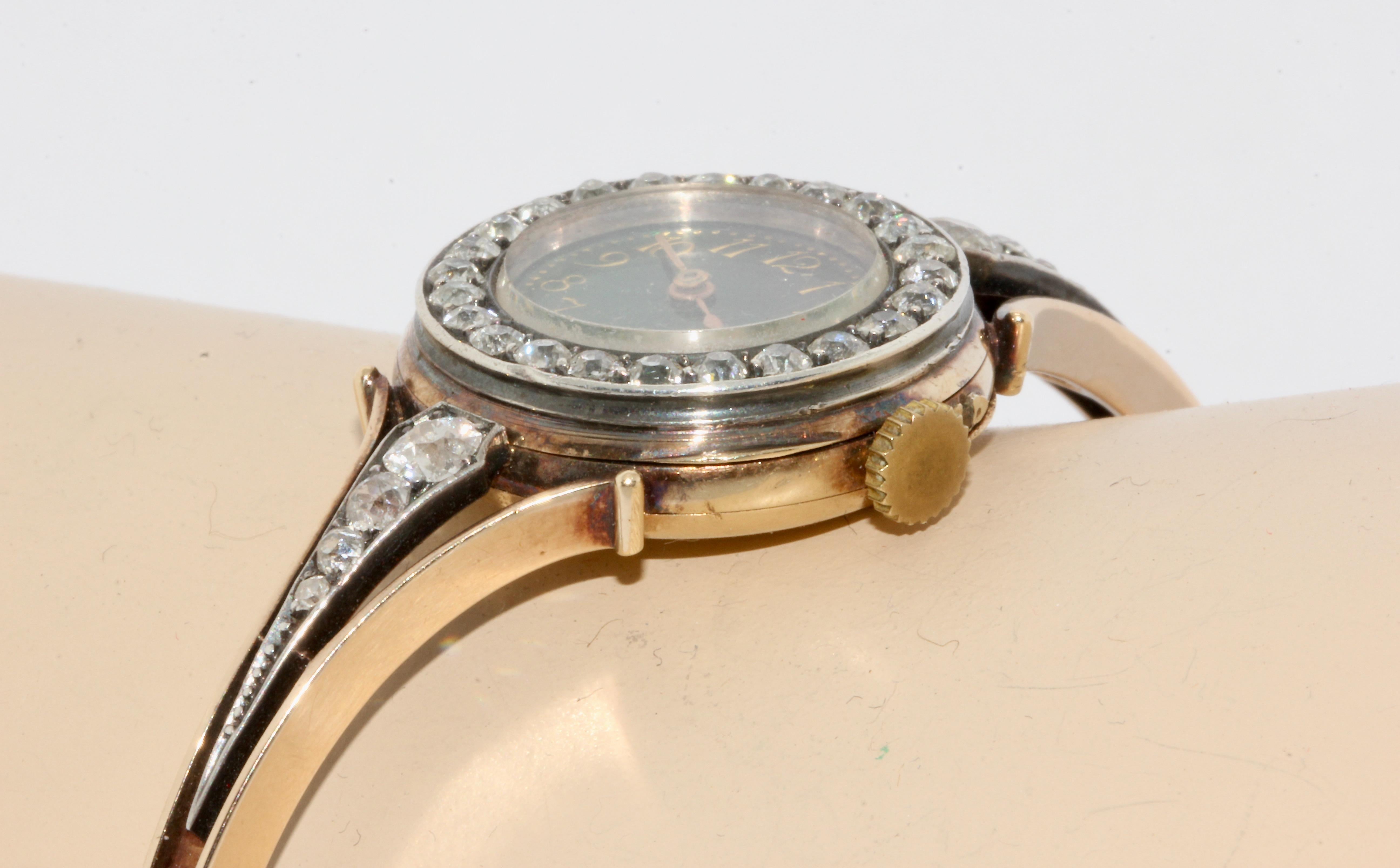 Le Roy et Fils, Antique Gold Ladies Wristwatch with Diamonds and Enamel, Bangle For Sale 1