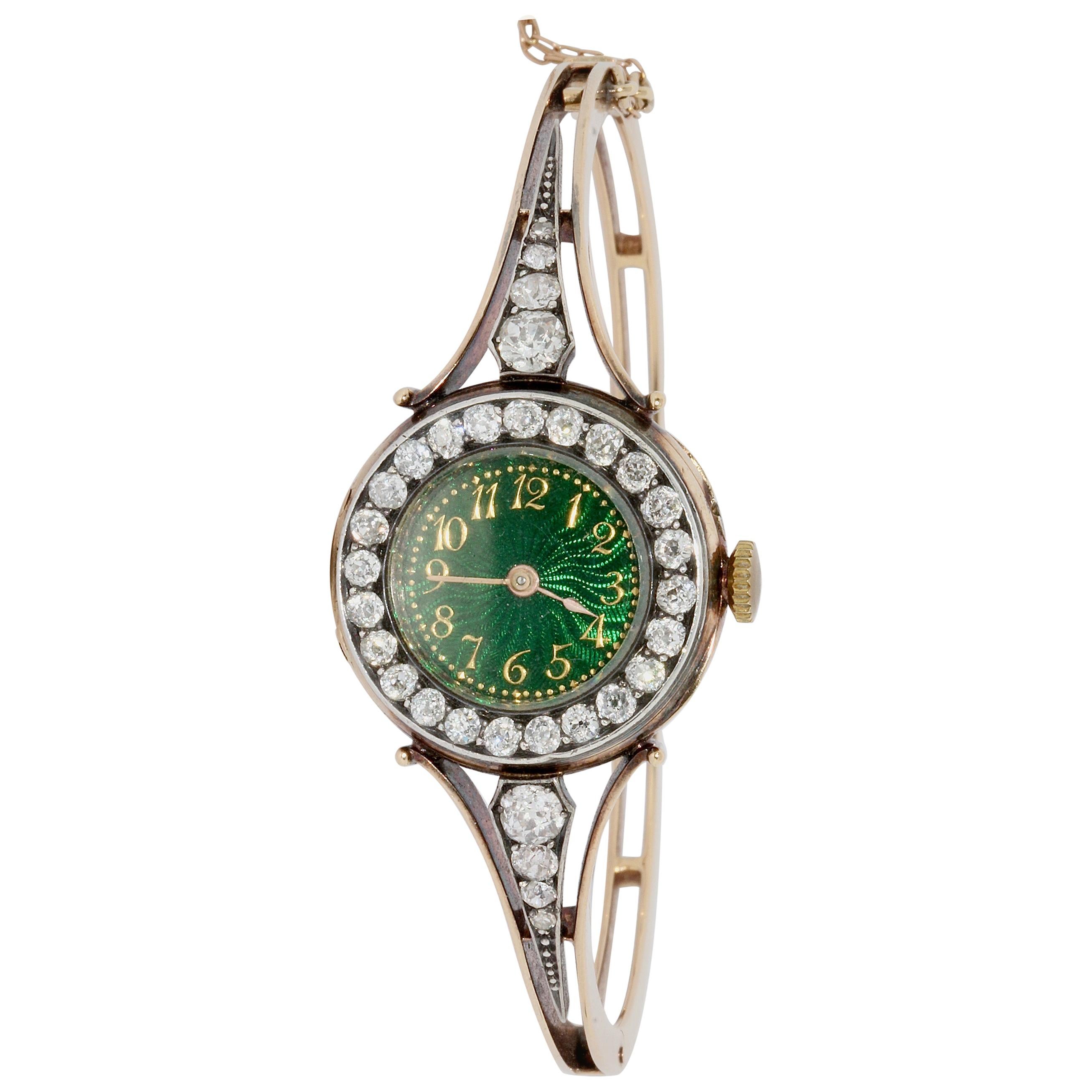 Le Roy et Fils, Antique Gold Ladies Wristwatch with Diamonds and Enamel, Bangle For Sale