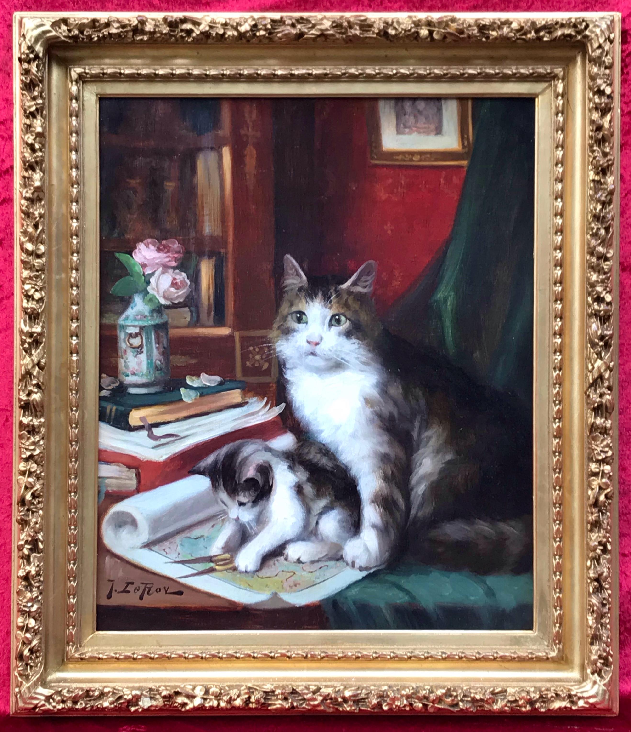 LE ROY Jules Gustave   Animal Painting - Cat and Kitten on the Desk