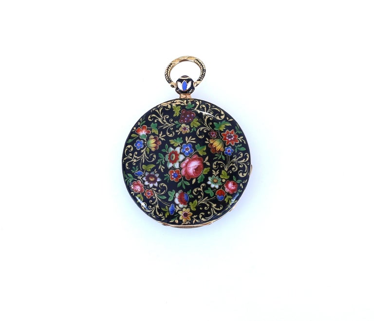Le Roy Painted Enamel Gold French Ladies Pocket Watch Original Case