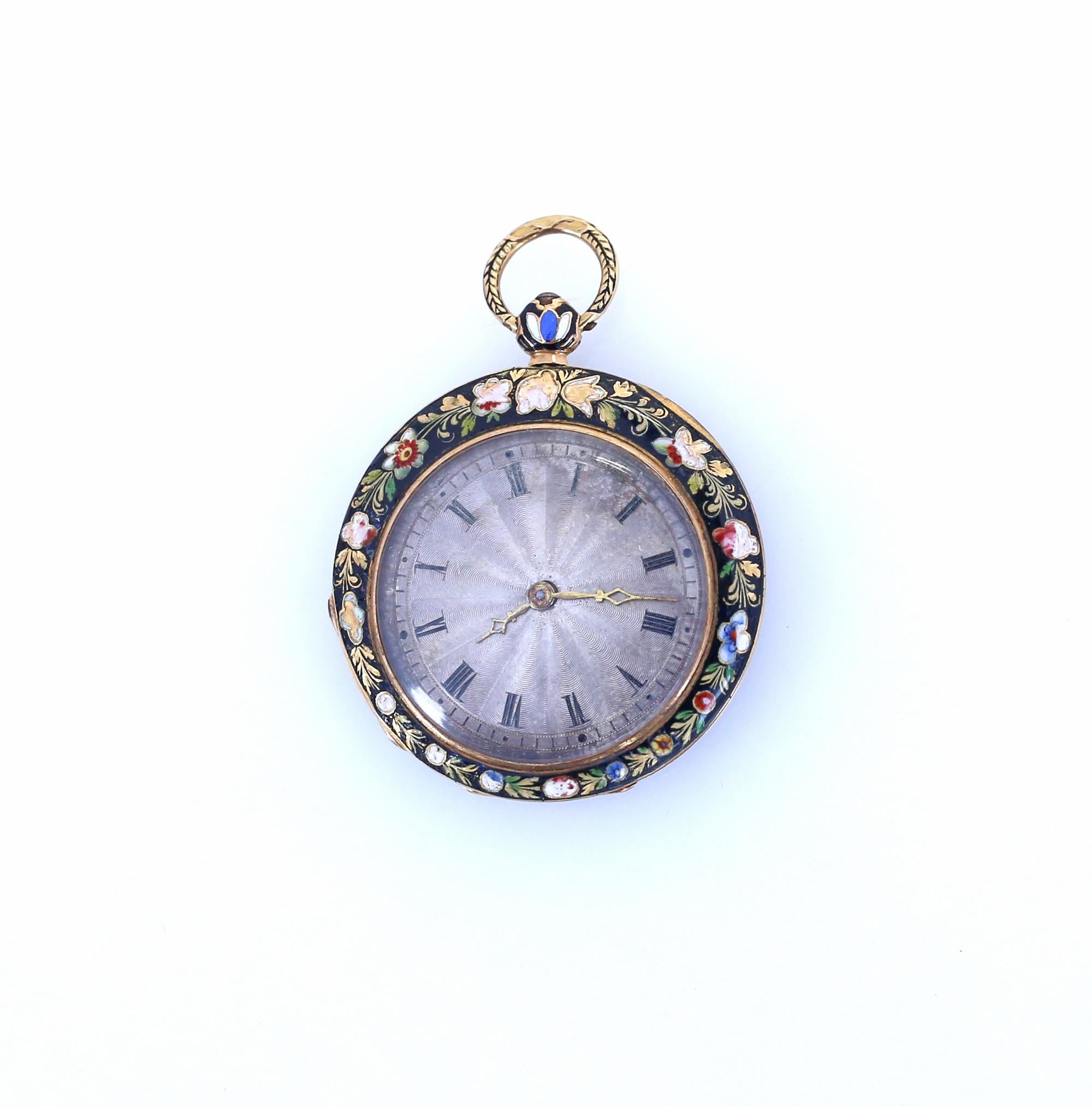 Ladies Pocket Watch Pendant Le Roy Enamel Gold French Original Case, 1890 In Fair Condition In Herzelia, Tel Aviv